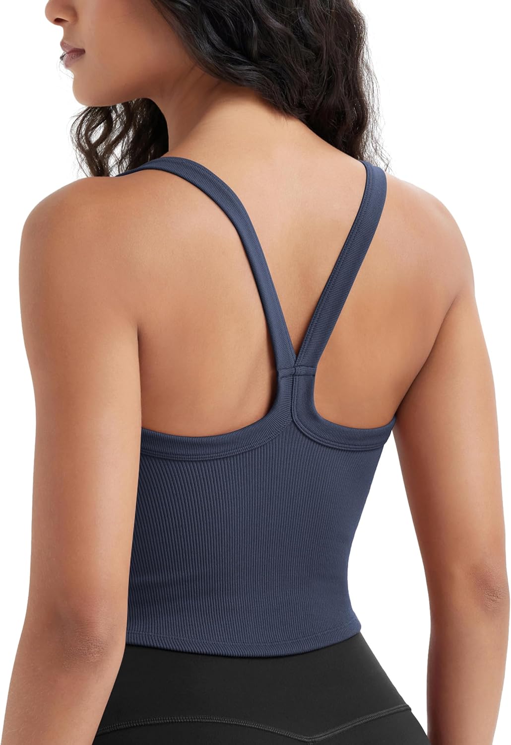 ODODOS Women’s Seamless Crop Cami Wide Scoop Neck Ribbed Soft Open Racerback Cropped Tank