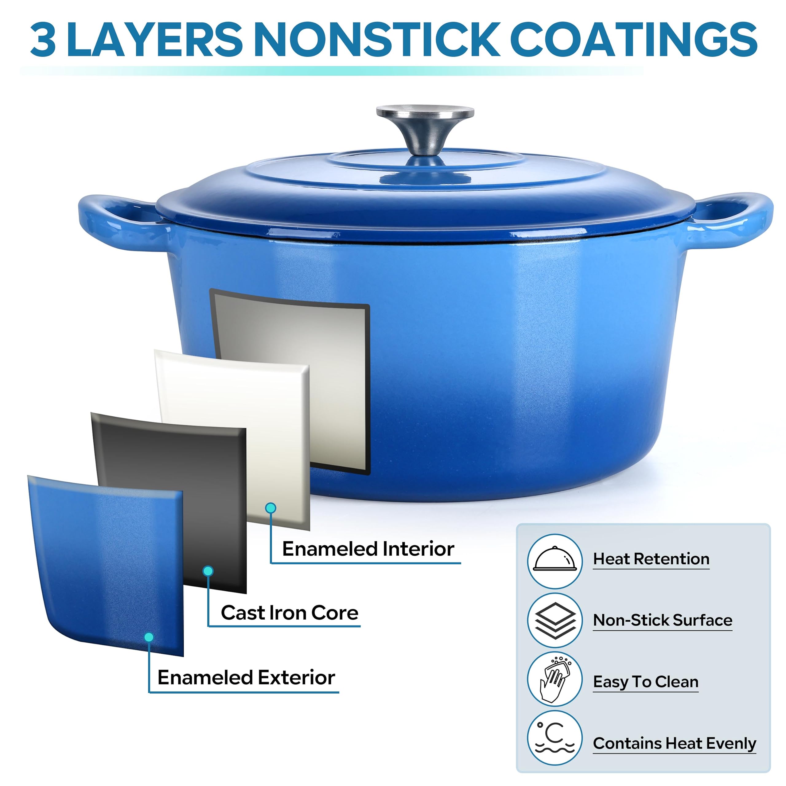 Herogo Horno holandés de hierro fundido esmaltado de 6 cuartos con tapa y salvamanteles de silicona, olla holandesa redonda azul con asas dobles para pan, hornear, guisar, asar varias estufas y horno