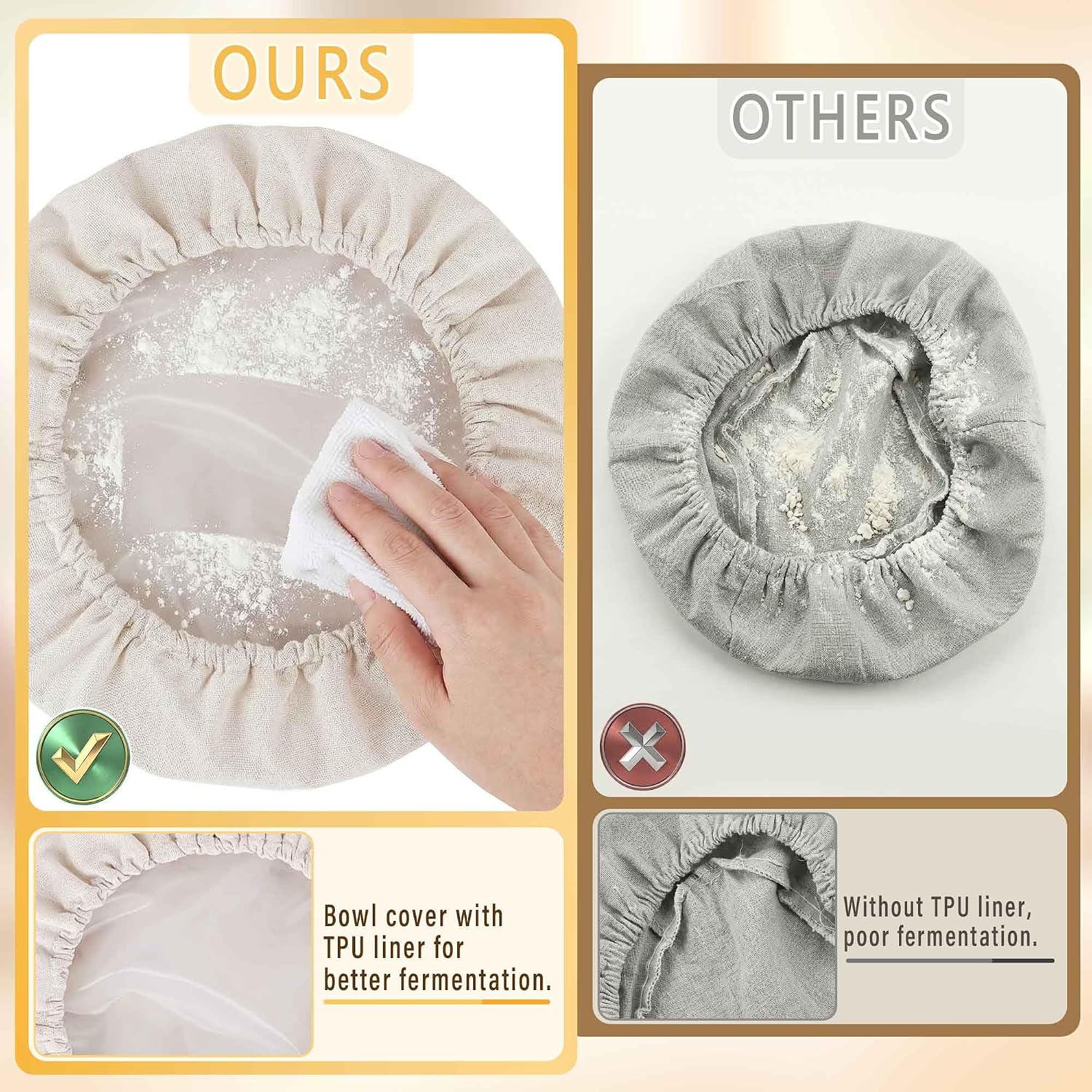 2 Pack 12" Sourdough Bread Proofing Bowl Covers with Moisture-Lock Liner, Reusable Cotton Linen Rising Cloth Covers for Banneton Basket, Baking Accessories for Professional Bakers
