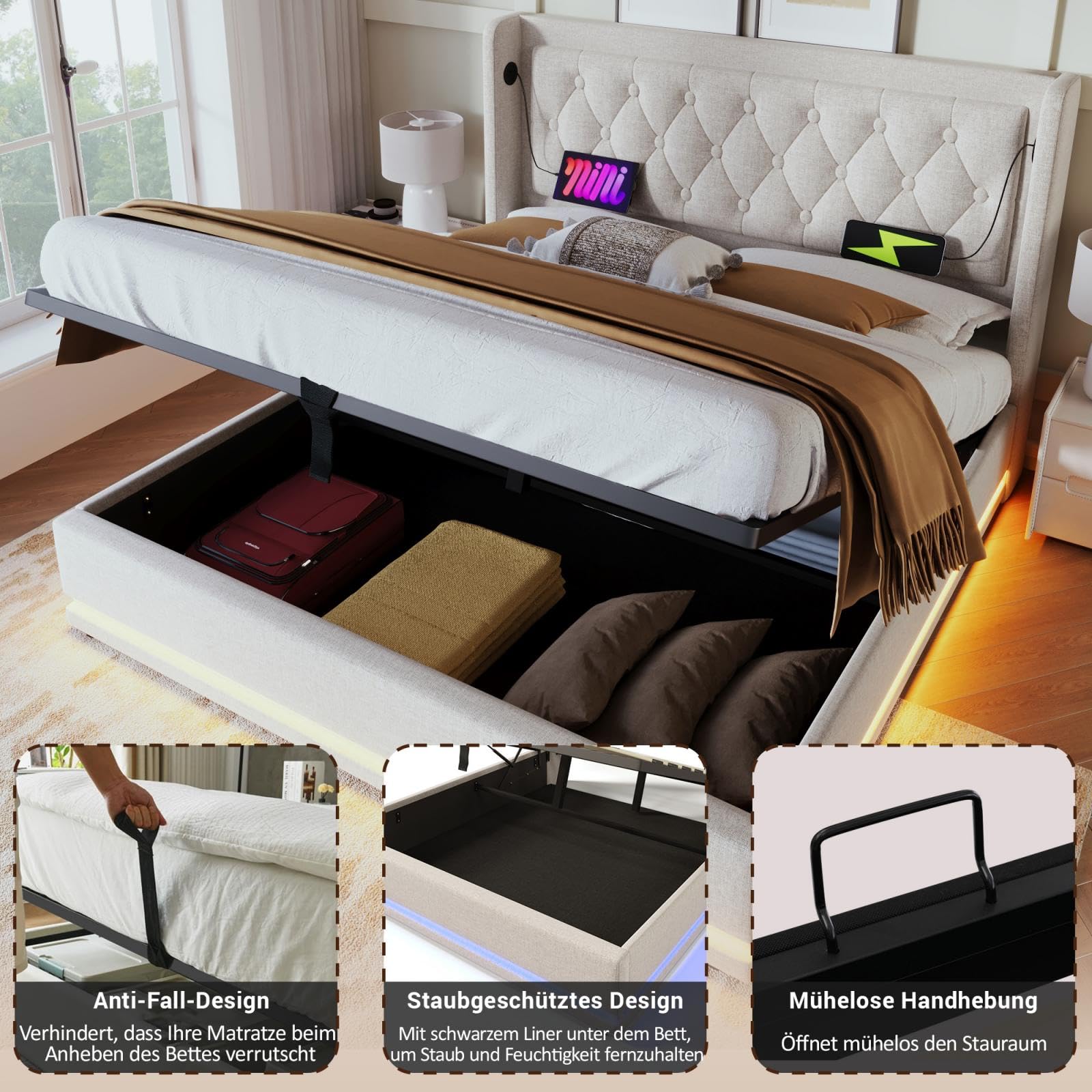 KOMHTOM Lit Rembourré avec Fonction de Chargement USB et Type-C, Lit de Rangement Hydraulique avec éclairage LED et Espace de Rangement(sans Matelas) (Beige, 160x200cm)