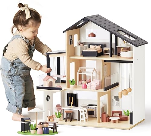 Tiny Land Casa de muñecas, casa de muñecas familiar moderna con diseño realista, casa de muñecas de madera con muebles de 53 piezas, regalo ideal
