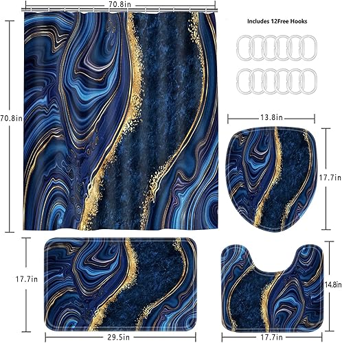 Vista 27 de Nkzply Juego de 4 cortinas de ducha de mármol negro con alfombras, juegos de baño dorados con cortina de ducha y alfombras, accesorios de decoración