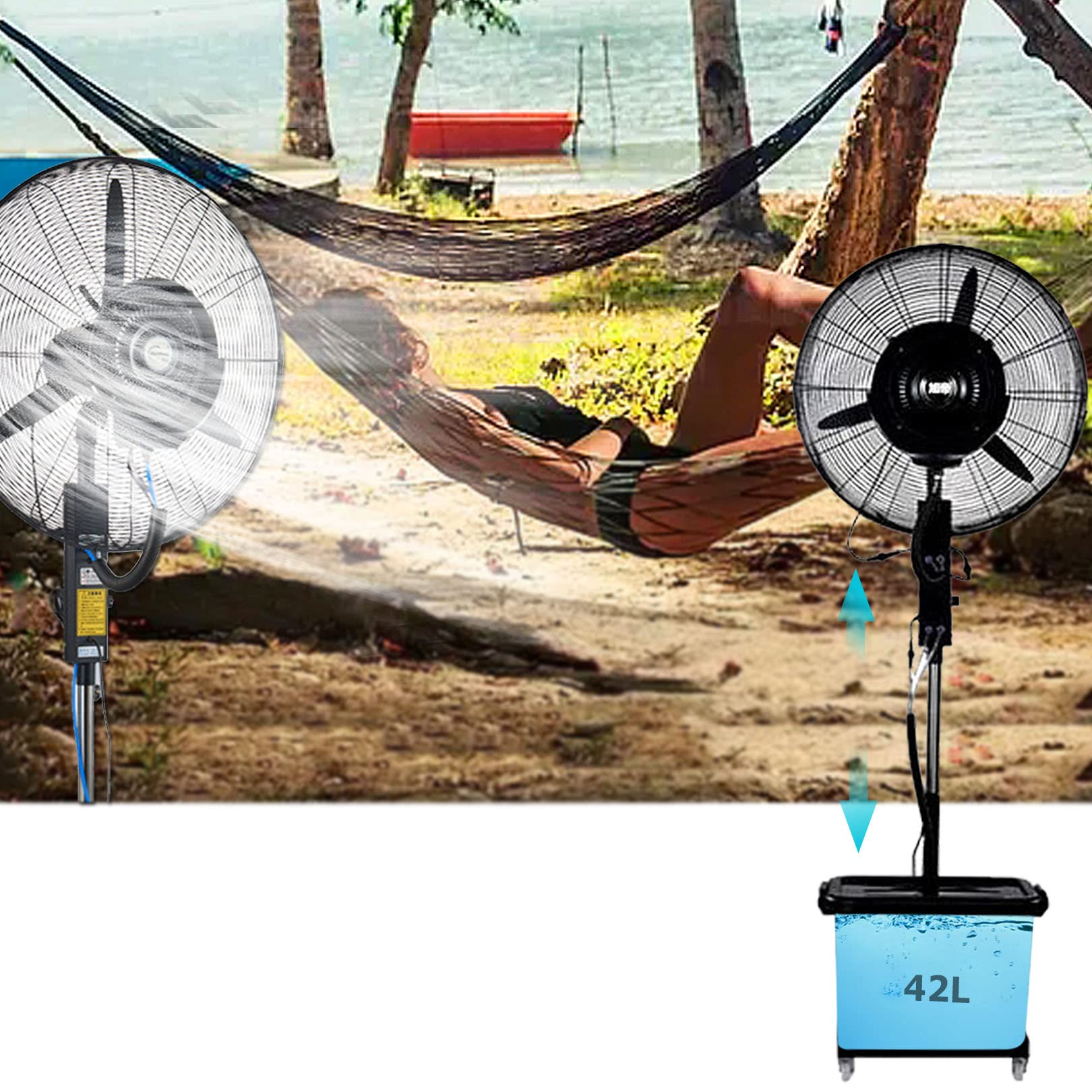 HPTHLY Oscillating Misting Fan, 3 Cooling Speeds Pedestal Fan With Mist, Height Adjustable Backyards Patios Factory Workshop Water Tank Electric Fans (81Cm/31.9In)