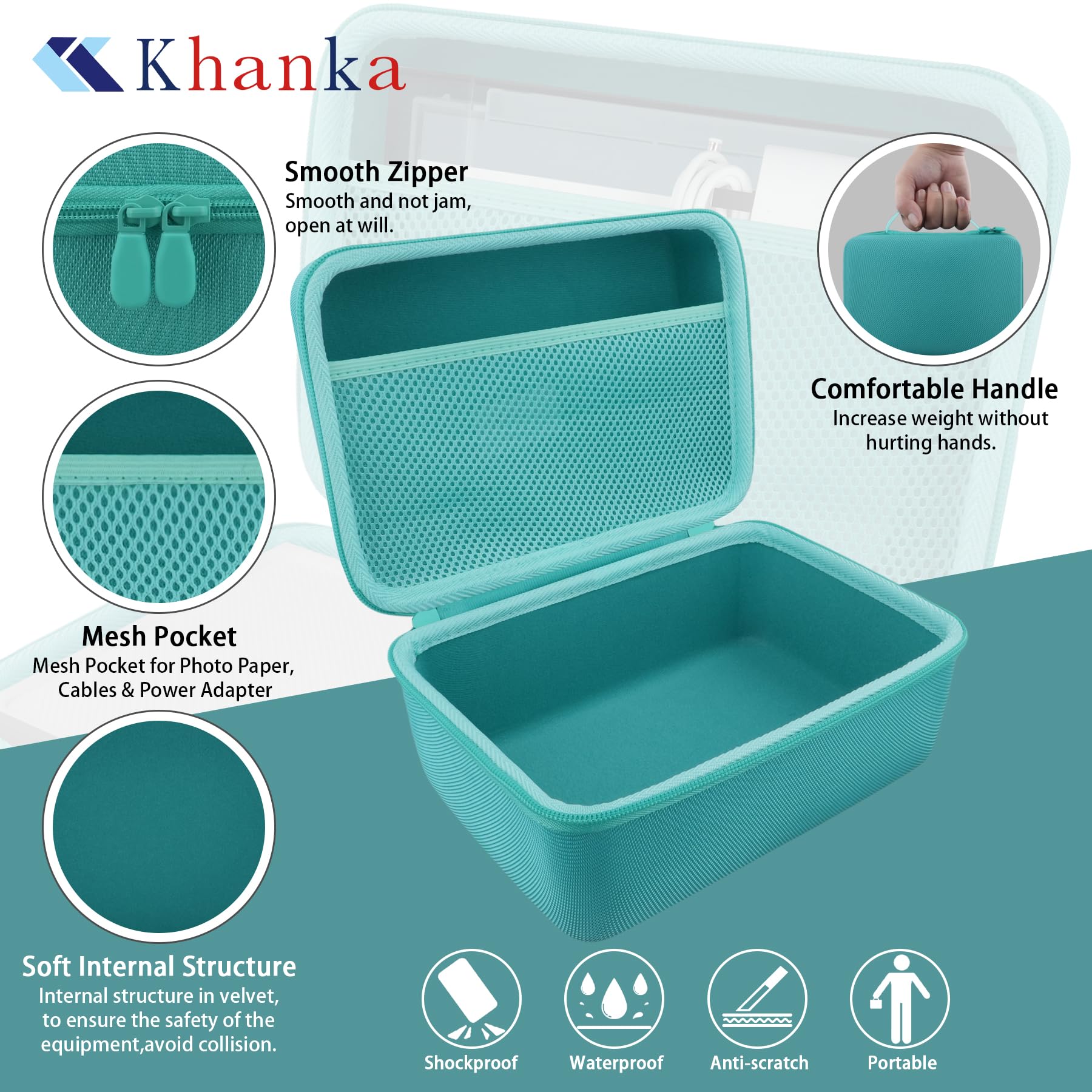 Khanka para Liene Impresora Fotográfica 10 X 15 Estuche rígido con Bolsillo de Malla para Accesorios Liene DHP513 4x6'', Solo Estuche (Azul Tiffany)
