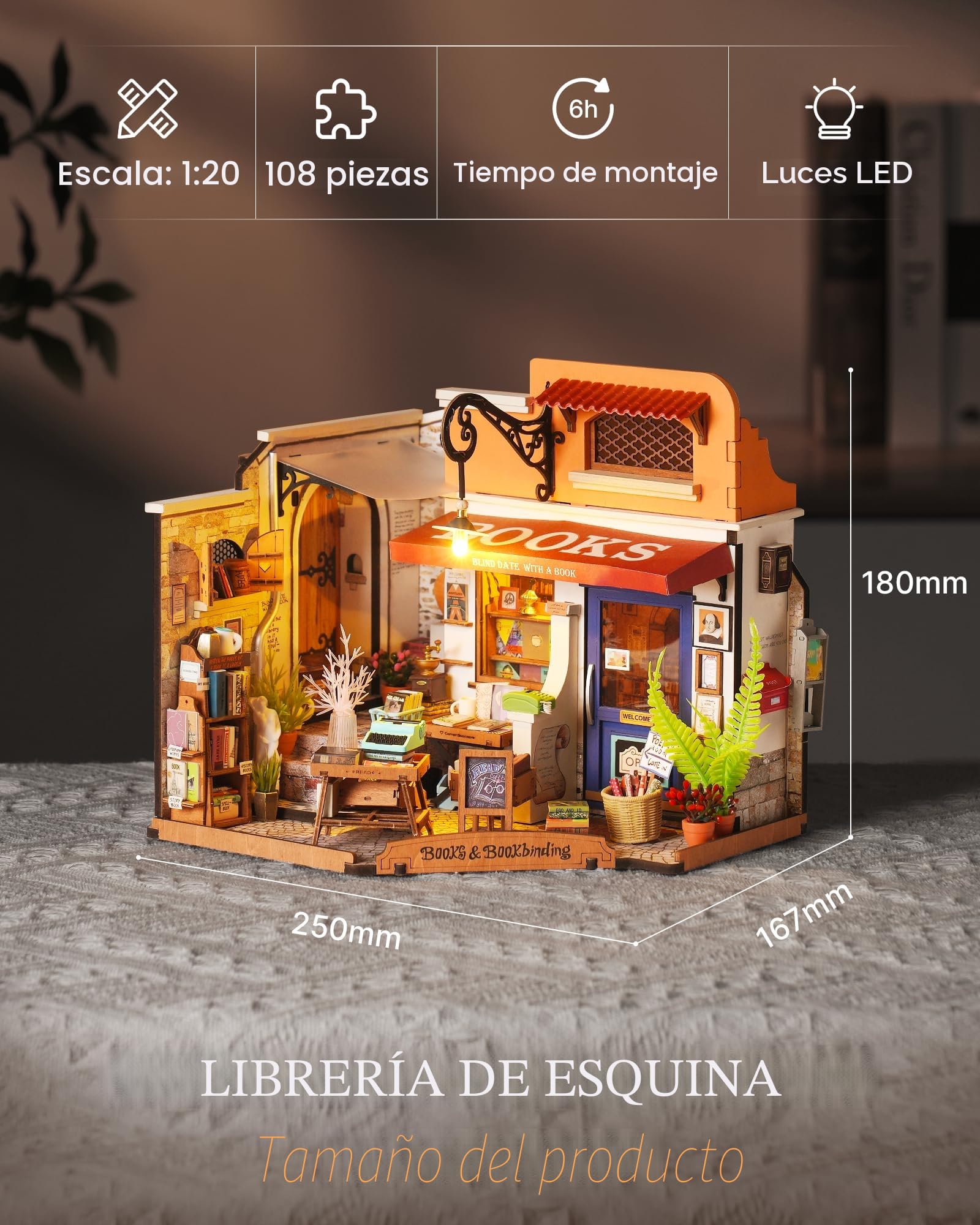 Rolife Casa de Muñecas Librería de Esquina con Luces LED DIY Miniatura Casa de Muñecas Kit con Muebles Modelo de Madera 3D Puzzles para Niños y Adultos