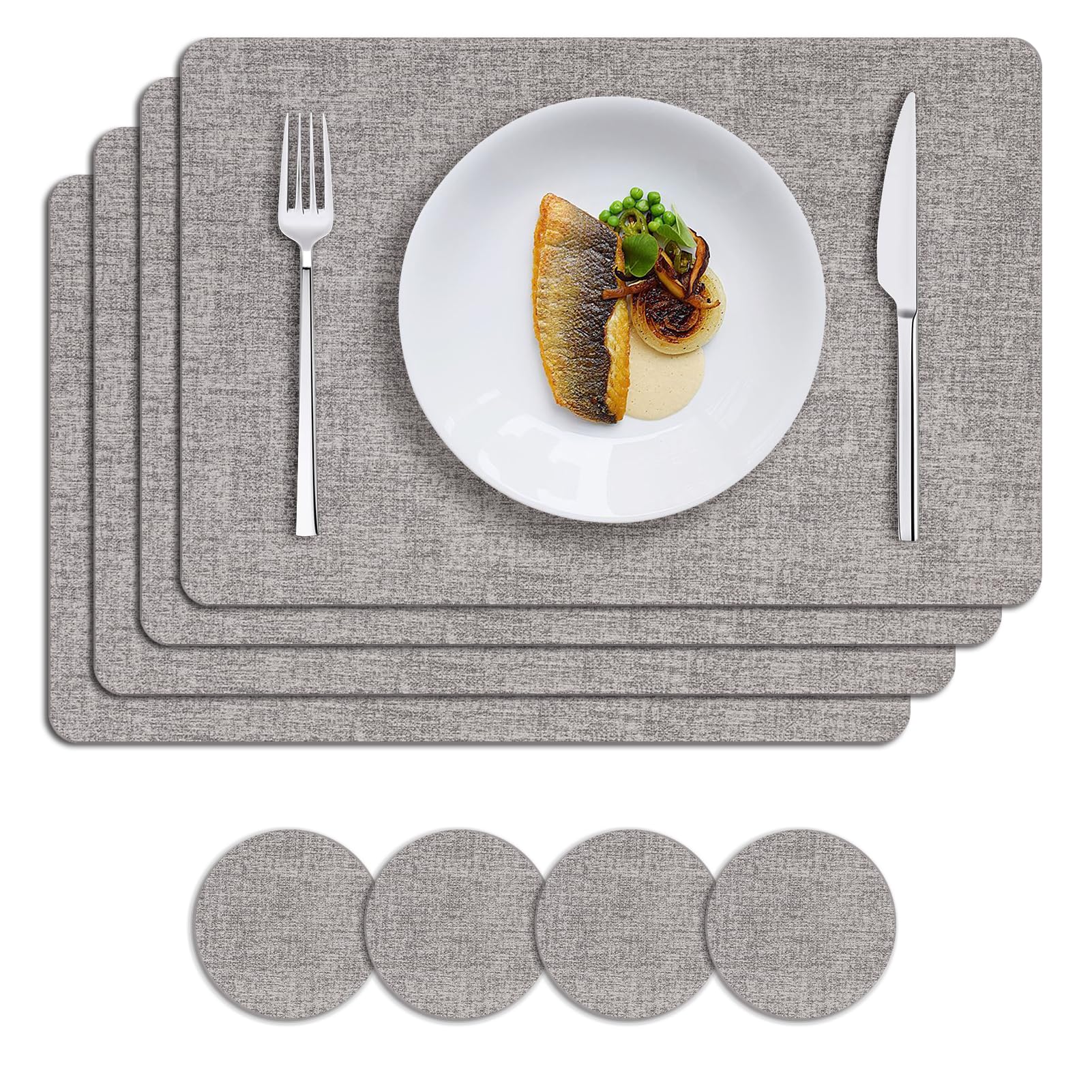 MOSAYT Juego de 4 manteles individuales de vinilo resistentes al calor con posavasos, 100 % impermeables, lavables, de piel sintética, para cocina, comedor, fiesta al aire libre, 12 x 18 pulgadas,