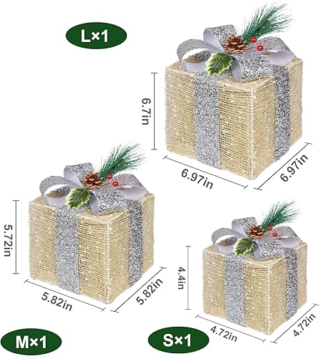 Miniatura 2 de Cajas de regalo iluminadas de Navidad, luces preiluminadas, cajas de regalo de tela de lino dorado, juego de cajas de regalo iluminadas a pilas de