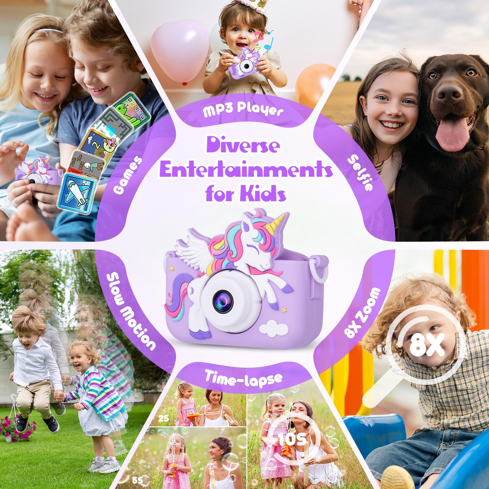 Cámara infantil de unicornio para niñas, cámara digital para niños de 3 a 8 años, juguetes de viaje para niños, regalo de cumpleaños para niñas de 3, 4, 5, 6, 7, 8 años, cámara de video HD 1080P, 5