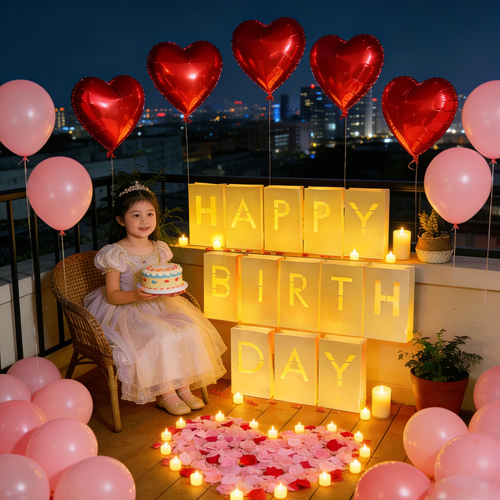 2073 piezas de decoraciones de feliz cumpleaños con letras iluminadas, velas de té, pétalos de rosa, globos de látex, globos de aluminio, bolsas luminosas, pancarta de fiesta, regalo sorpresa de