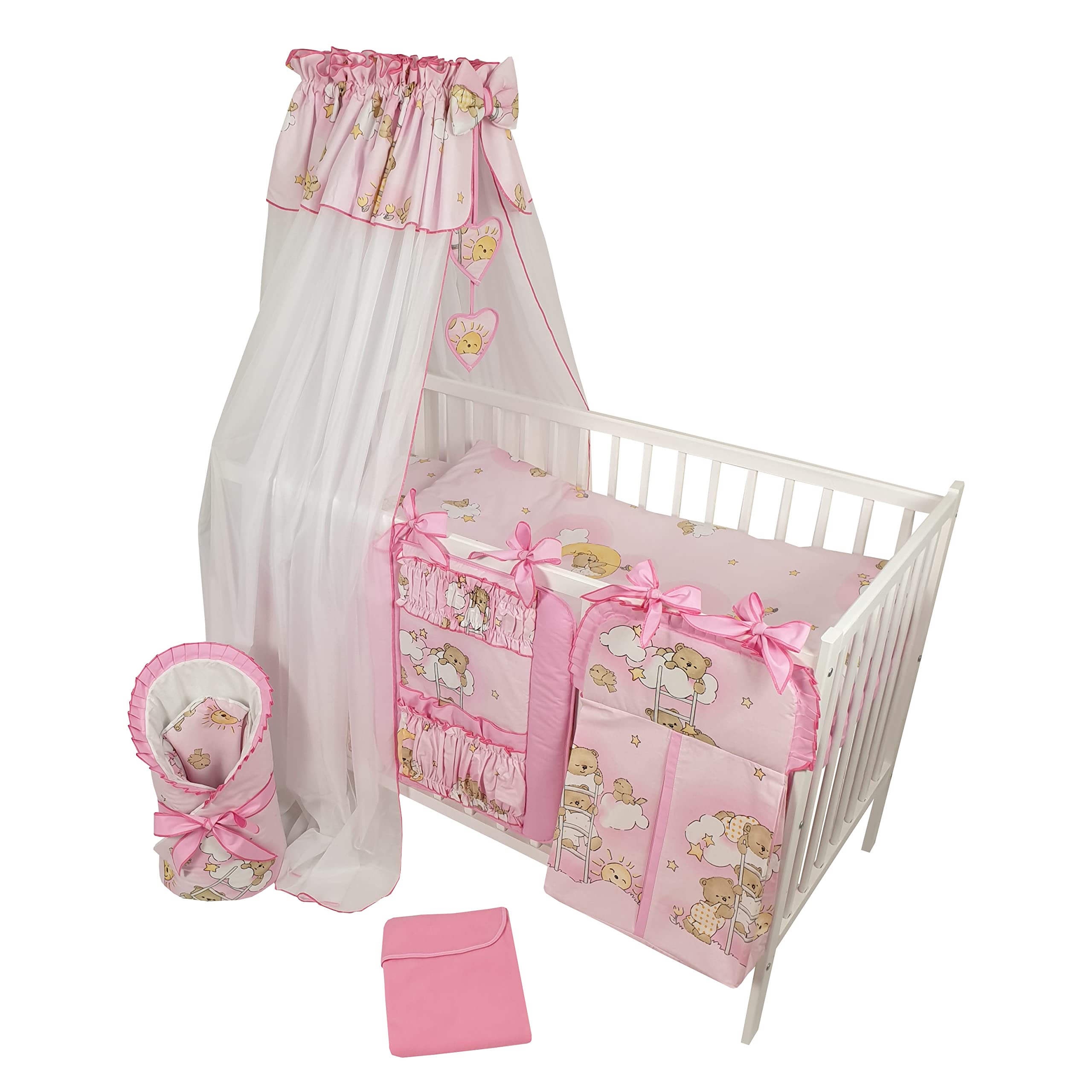 16 Teiliges Babybett Kinderbett und Bettwäsche komplett Set Happy höhenverstellbar für Neugeborene Babys und Kleinkinder aus Massivholz in fantastischen Farben (Rosa Teddybär auf Leiter)