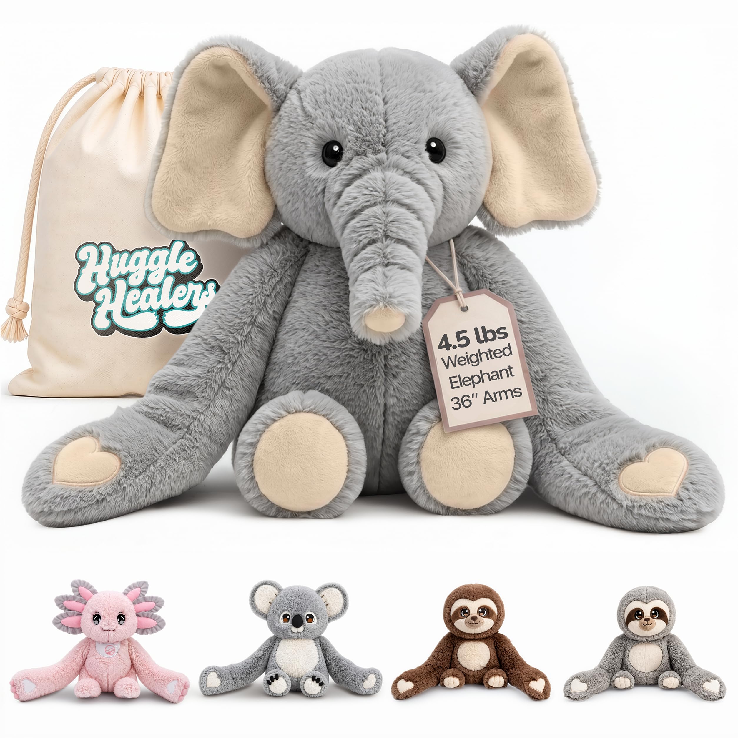 Huggle Healers® Hathi Weighted Elephant – Weighted Stuffed Animal with Long Weighted Arms for Real Hugs | 4.5 lb / 2kg Soft Cuddly Toy for Comfort | Gentle Weighted Plush for Adults & Kids