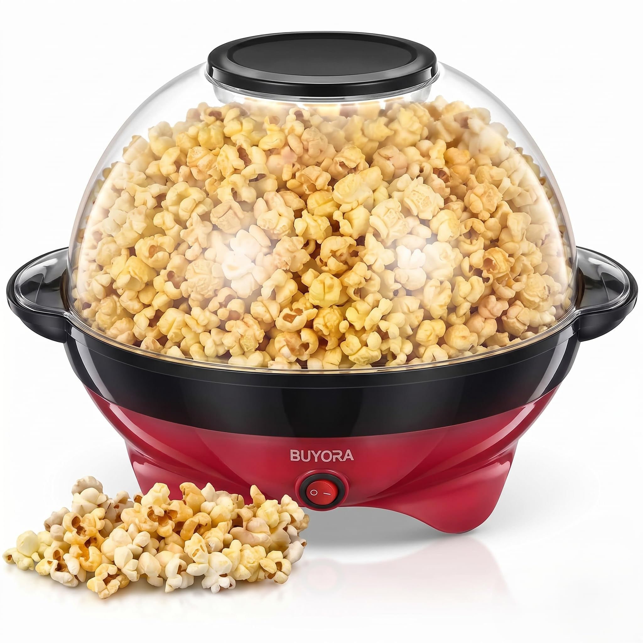 Electric Stirring Popcorn Maker Machine for Home | 5-Quart Capacity with Clear Reversible Serving Bowl | Non-Stick Plate & Motorized Stirring Rod | Red