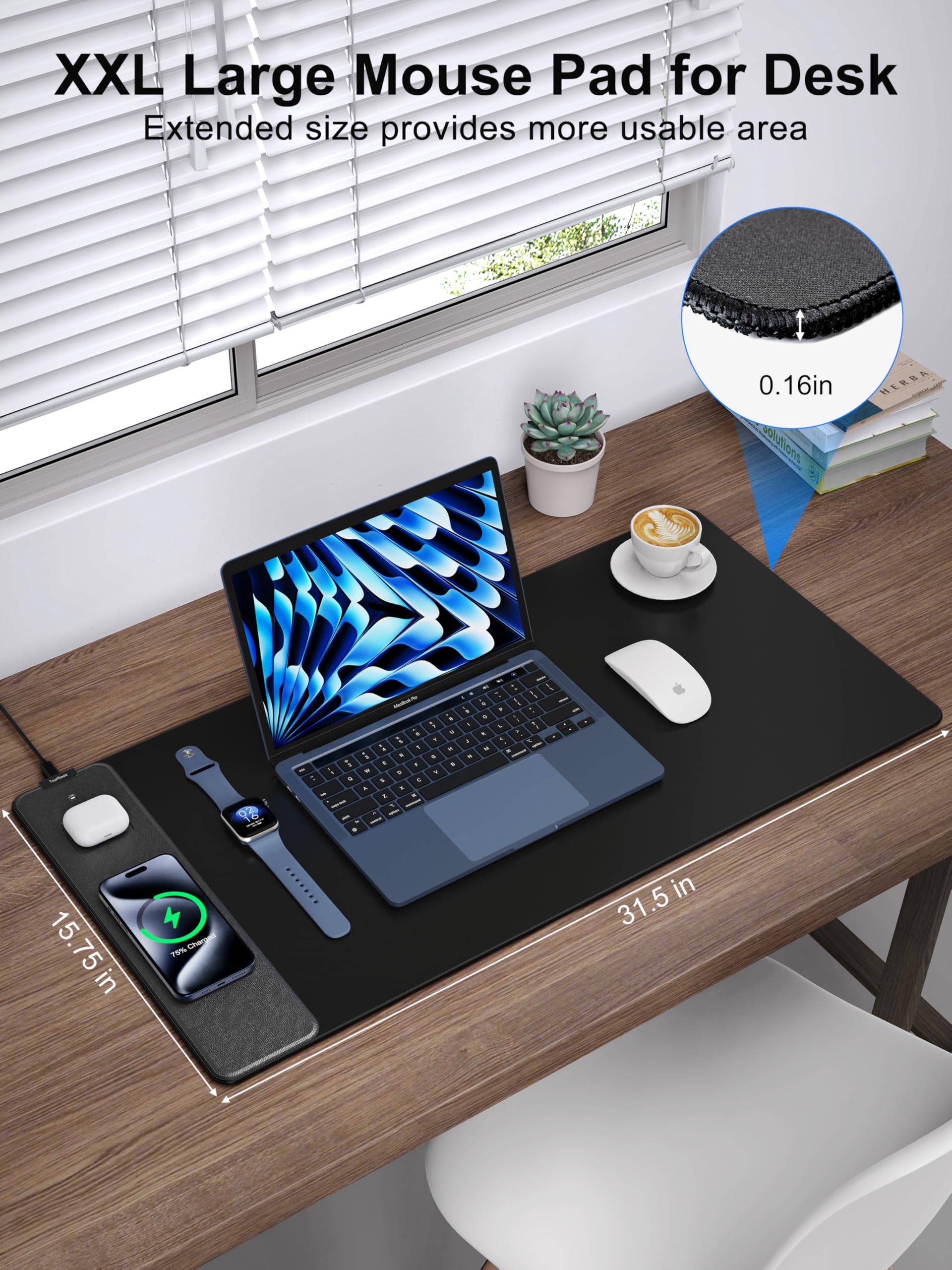 TopMade Alfombrilla de mouse de carga inalámbrica, alfombrilla de mouse para juegos en casa y oficina, almohadilla de escritorio grande con superficie ultrasuave, base antideslizante, alfombrilla de