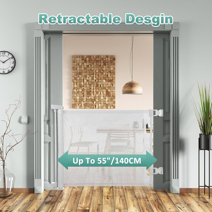 JUPISHOP No Drilling&Drilling Retractable Stair Gate For Baby And Dogs - Up To 150 Cm Wide-86 Cm Tall, Grey, Extendable Indoor Gates, Safety Stairgate