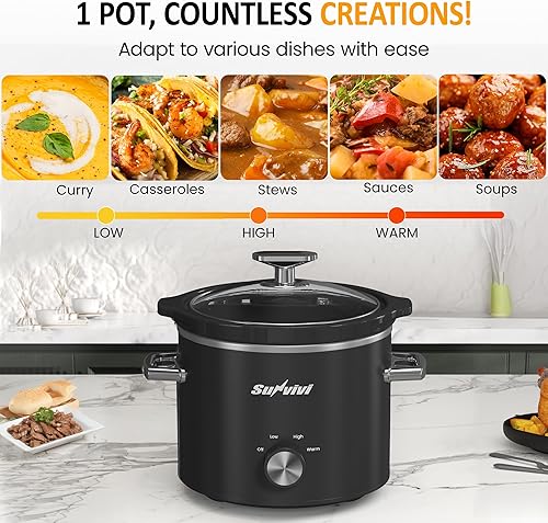Miniatura 4 de Sunvivi Olla de cocción lenta de 2 cuartos de galón, pequeña olla de cocción lenta con olla de cerámica extraíble, calentador de alimentos con 3