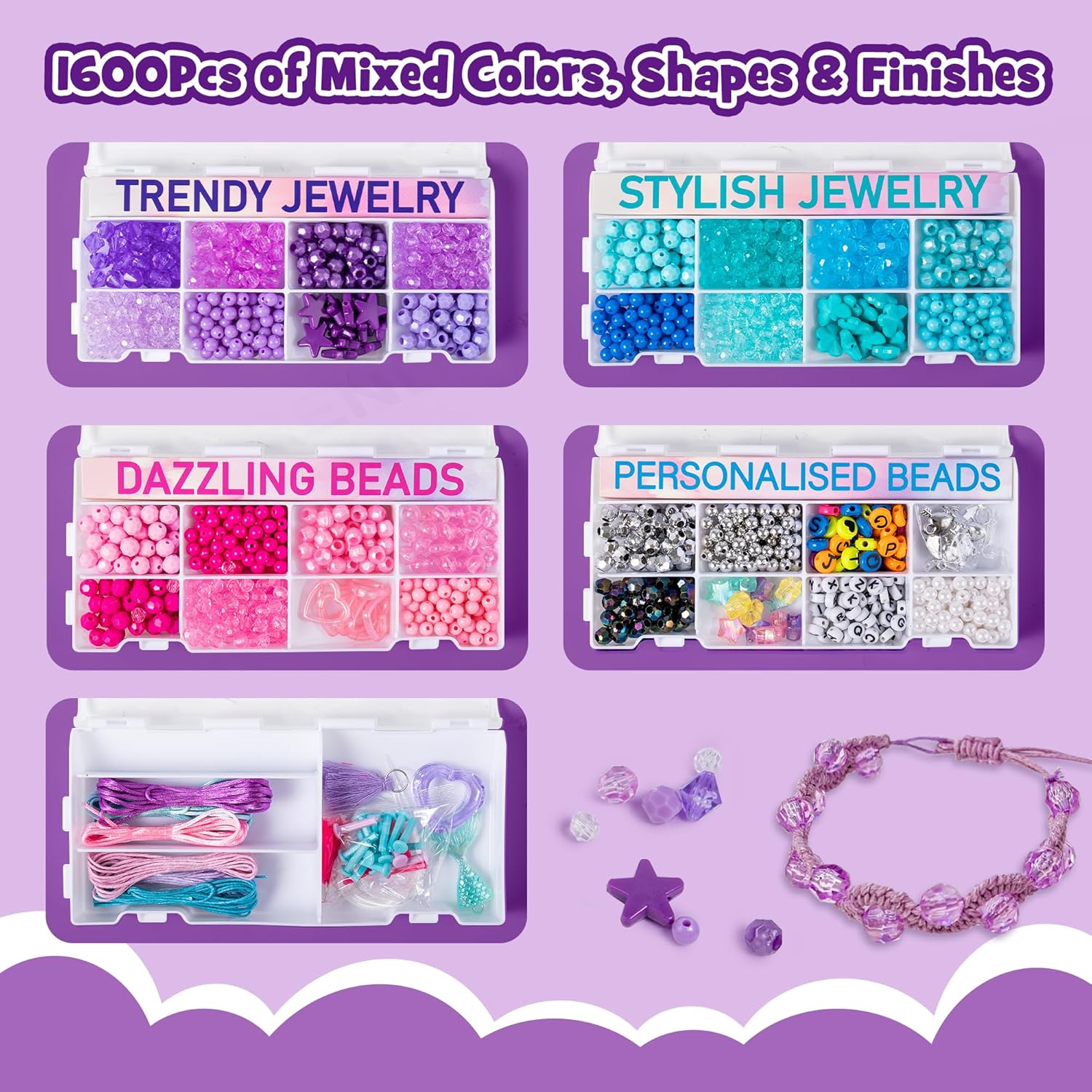 P&C Bead Bracelet Making Kit for Girls Ages 6-12 with Storage Tower 1600pcs Bulk Kandi Beads for Bracelet with Pony Alphabet Beads & Charms Arts and Crafts Kit Gift for Birthday Christmas Toy