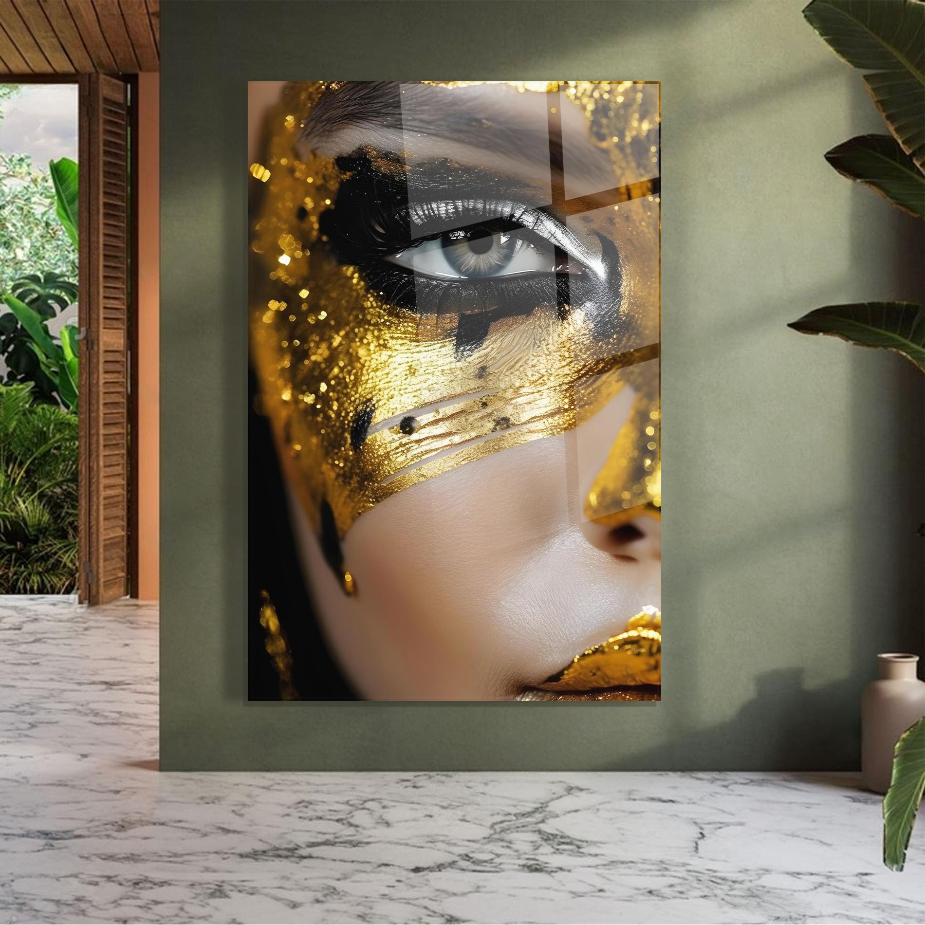 ARTHUB® Moderne impression sur verre 60x80 cm, 4mm verre trempé | Tableau en verre salon et chambre, Décoration murale moderne, Décoration intérieure, femmes, Black Gold Eyeliner