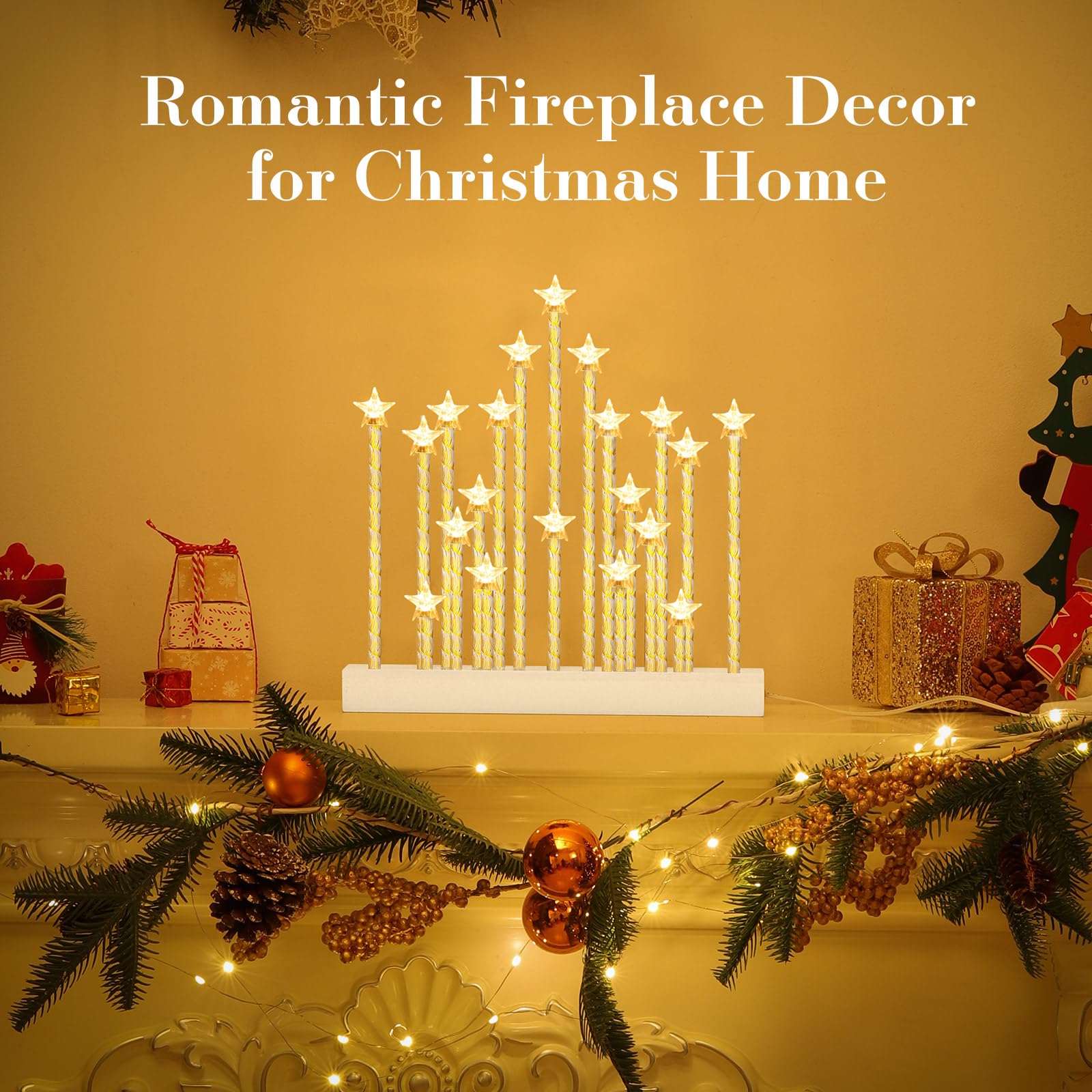 Lewondr Kerzenleuchter Weihnachten, Flammenlos 20 Kerzenlichter, Sternform | Dekorativ LED Bogen Weihnachten Holz Weihnachtslichter Fensterbank, USB-betrieben Kerzenbrücke Schwibbogen für Advent