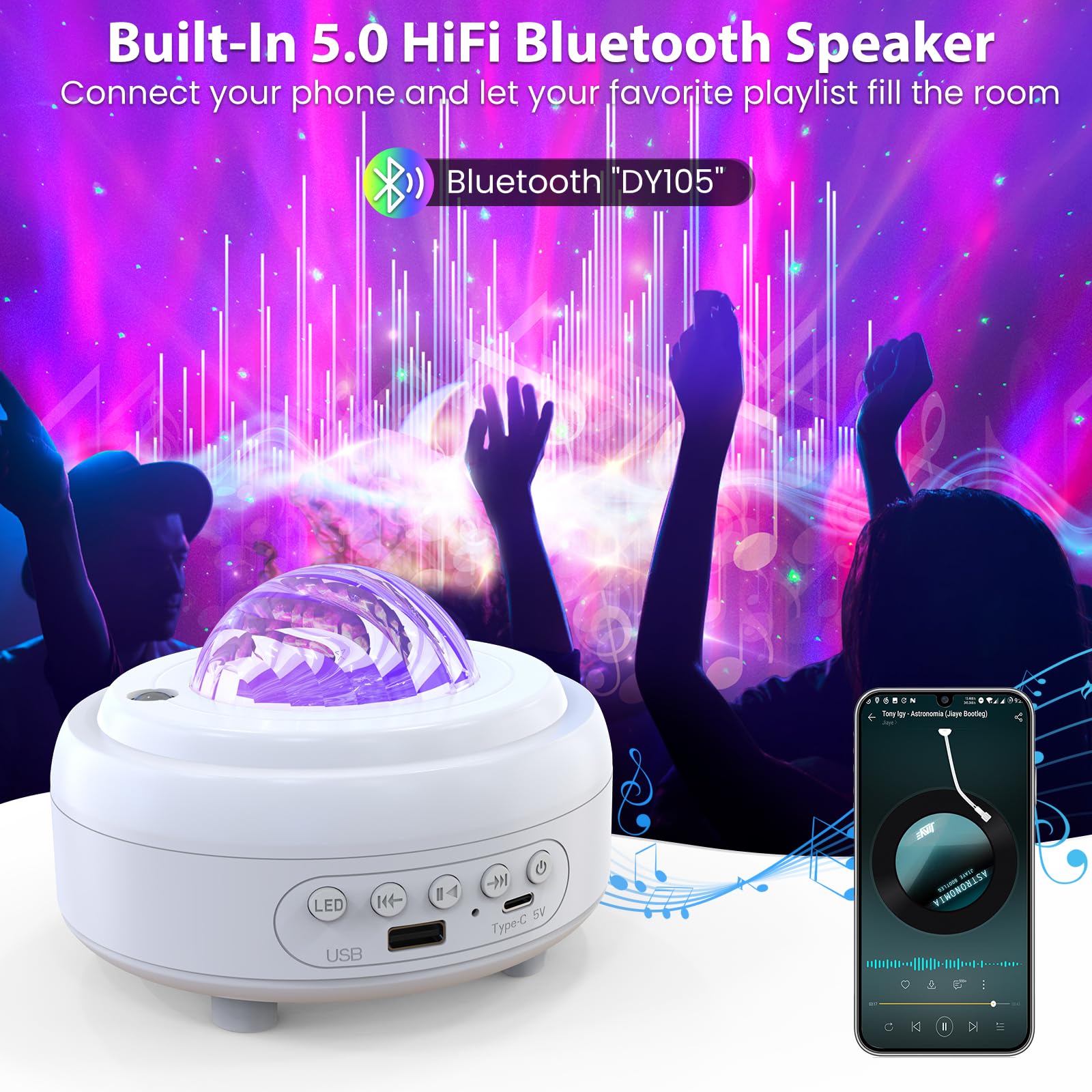 HUMIIEYE Proiettore di stelle con altoparlante Bluetooth, 1800 mAh alimentato a batteria, proiettore galassia, proiettore aurora boreale con luna, illuminazione ambientale per camera da letto, bambini