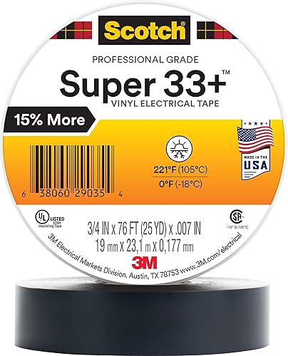 3M Scotch Super 33+ Premium Grade All-Weather Vinyl Electrical Tape, 34 in x 76 ft, Long Roll, 1 in Core, Black, 10 Roll Pack