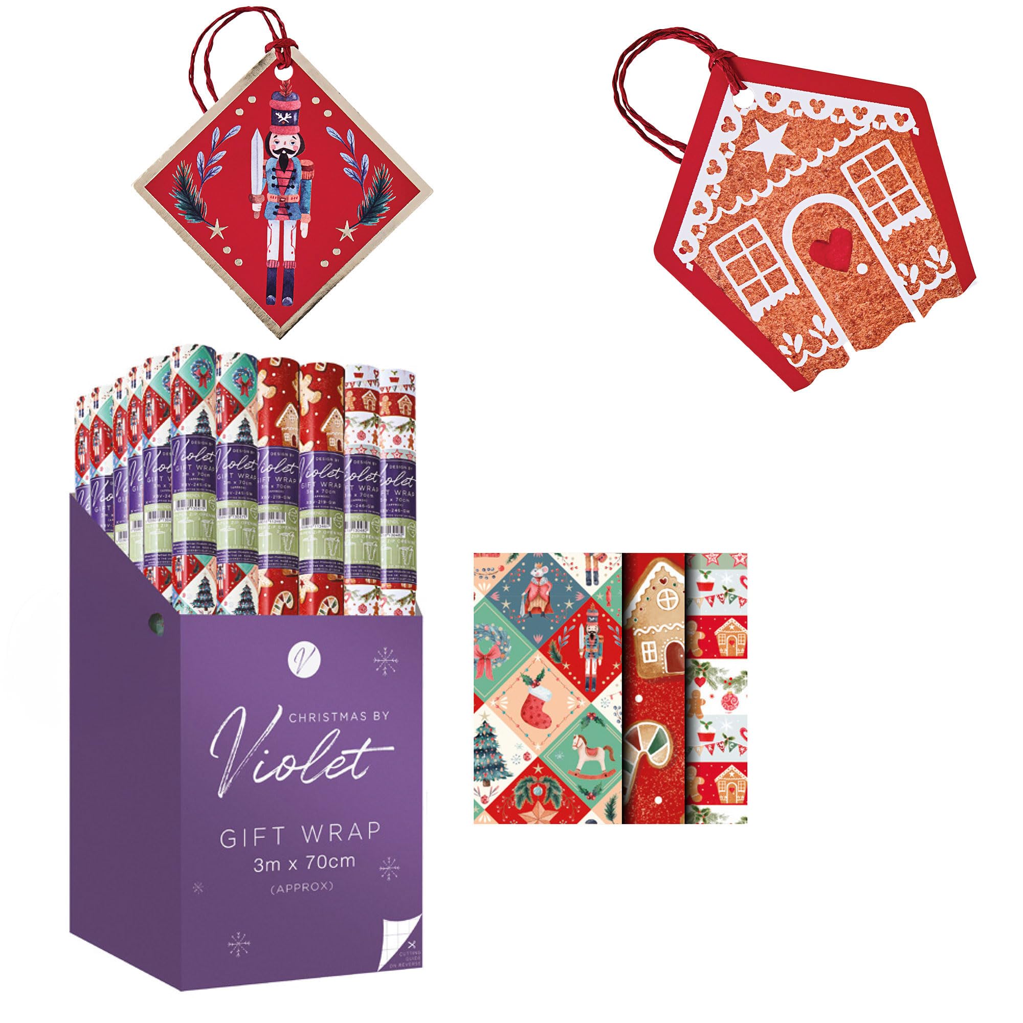 Design By Violet Gingerbread & Nutcracker Gift Wrap Set – 3 x 3m Wrapping Paper Rolls with 16 Matching Gift Tags – Luxury Recyclable Xmas Present Wrap
