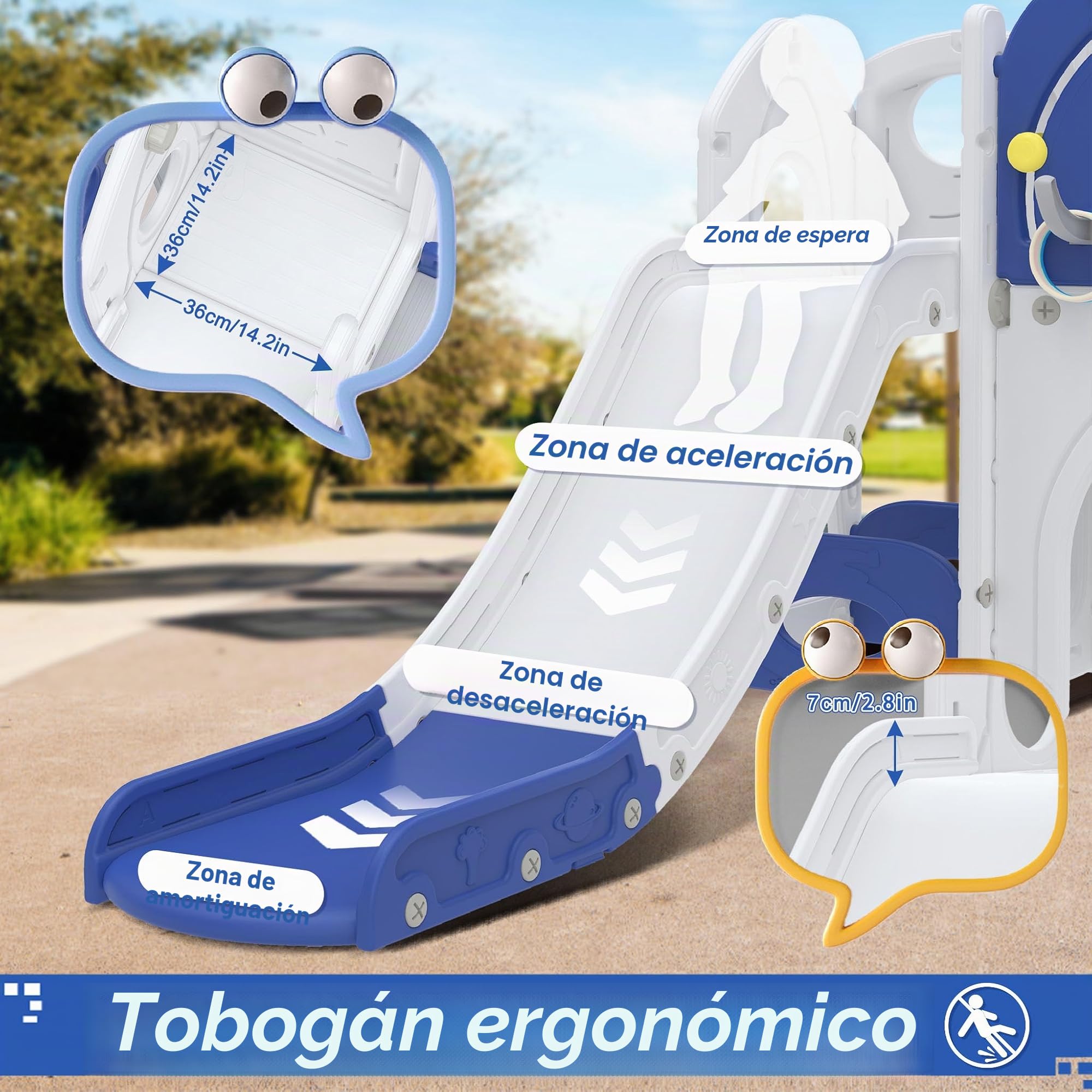 Froadp Tobogán infantil 6 en 1 para niños pequeños a partir de 1 año, interior y exterior, tobogán independiente de HDPE y PP, con columpio, escalera de escalada, espacio de almacenamiento, canasta de
