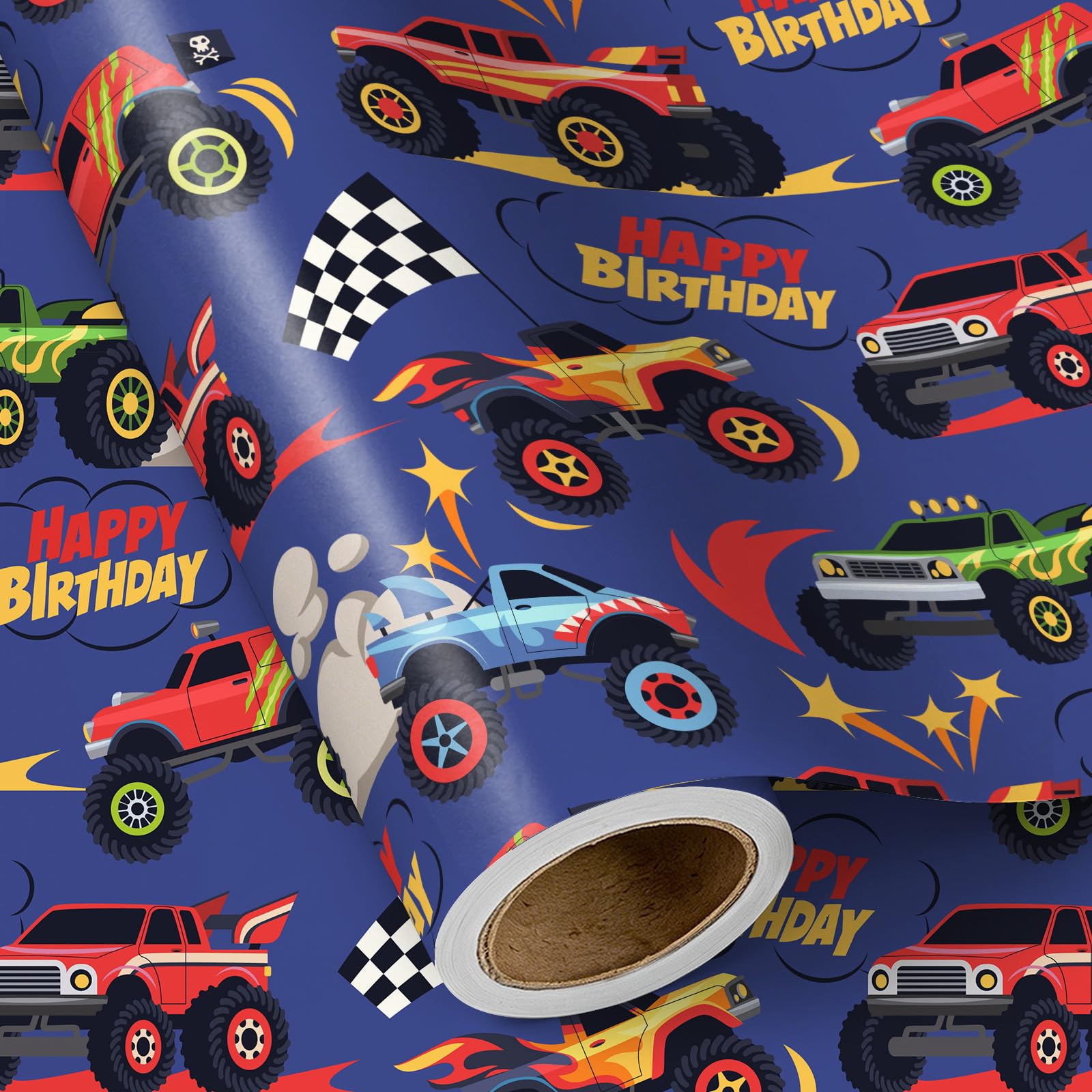RUSPEPA Boys Birthday Wrapping Paper Roll Blue Monster Truck and Racing Flag Motifs Suits Racing Themed Parties for Children 43.2cm x 3m