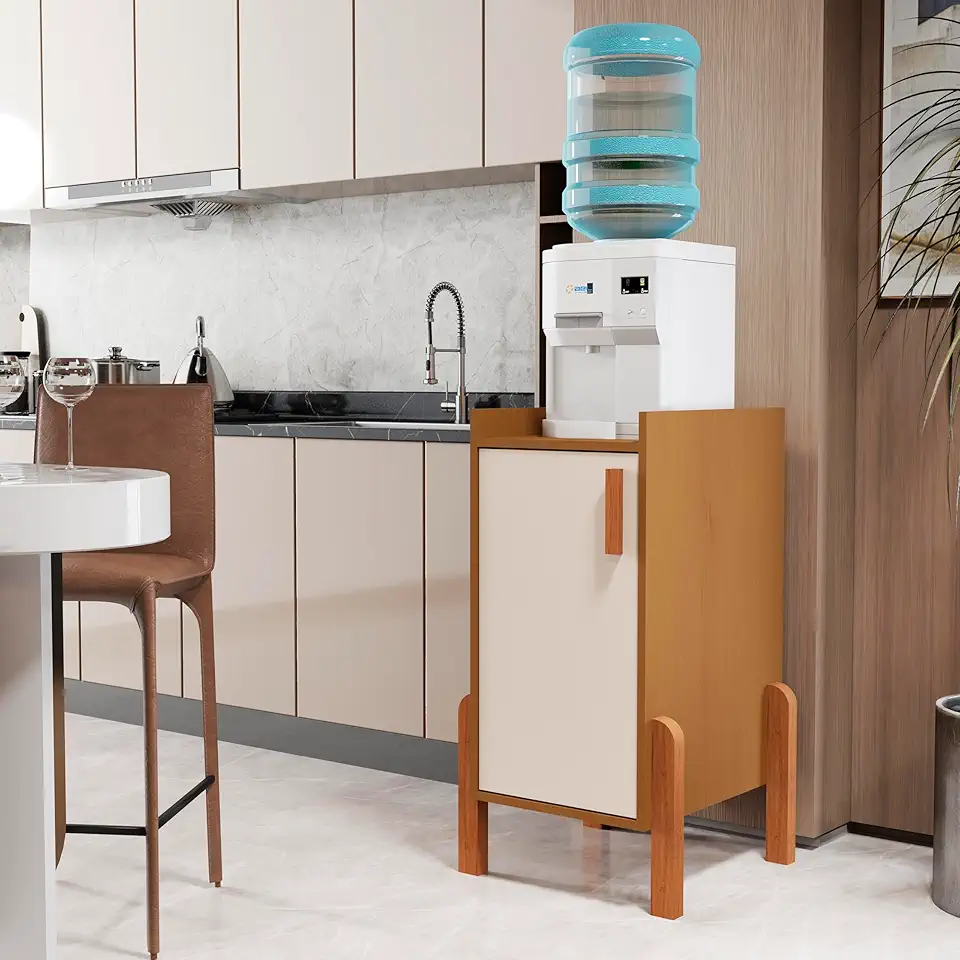 Balcão Aparador para Bebedouro, 1 Porta, Pés em Madeira, Branco e Natural (Cedro/Off White)