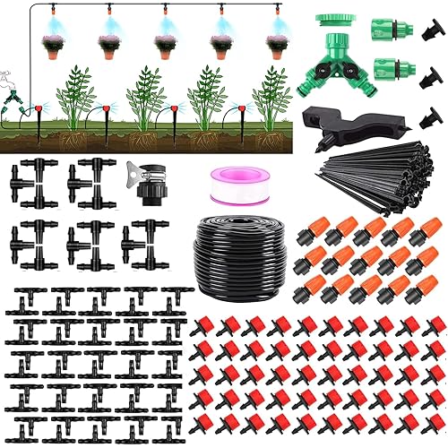 Drip Irrigation System Kit, 164Ft Automatic Quick Connector Adjustable Garden Watering System for Greenhouse, Yard, Lawn, Plant with Irrigation Tubing Hose and Accessories