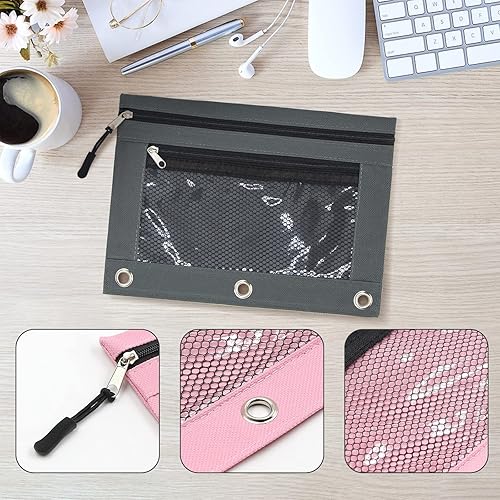 Miniatura 5 de KBD Estuche para lápices de 3 anillos, con cremallera y tiradores de cremallera, bolsa para lápices de doble bolsillo, 3 anillos con ventana