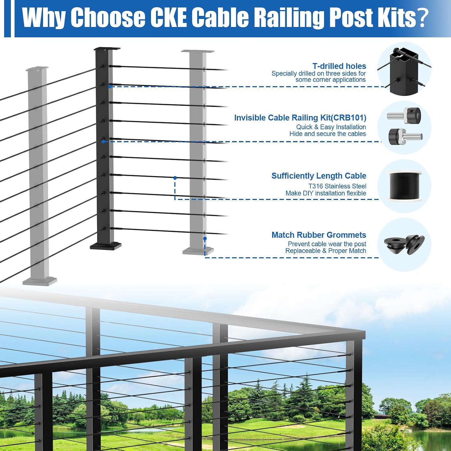 CKE T-Drilled Corner Post Cable Railing, Three Sides T-Drilled 36" Cable Railing Corner Post (Post 35"x2"x2") with Cable Grommets, 90° Black Finish Stainless Steel Corner Post for Indoor Outdoor, CP02