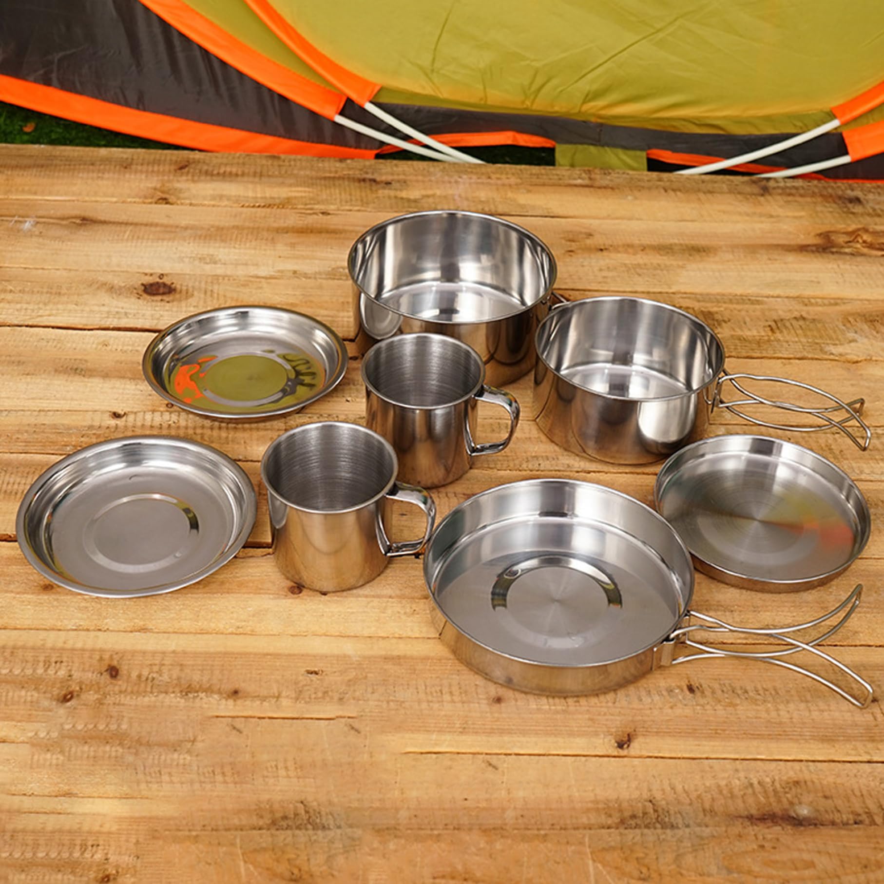 Set da cucina da campeggio in acciaio inossidabile per 3-4 persone, pentole leggere impilabili per zaino in spalla e picnic