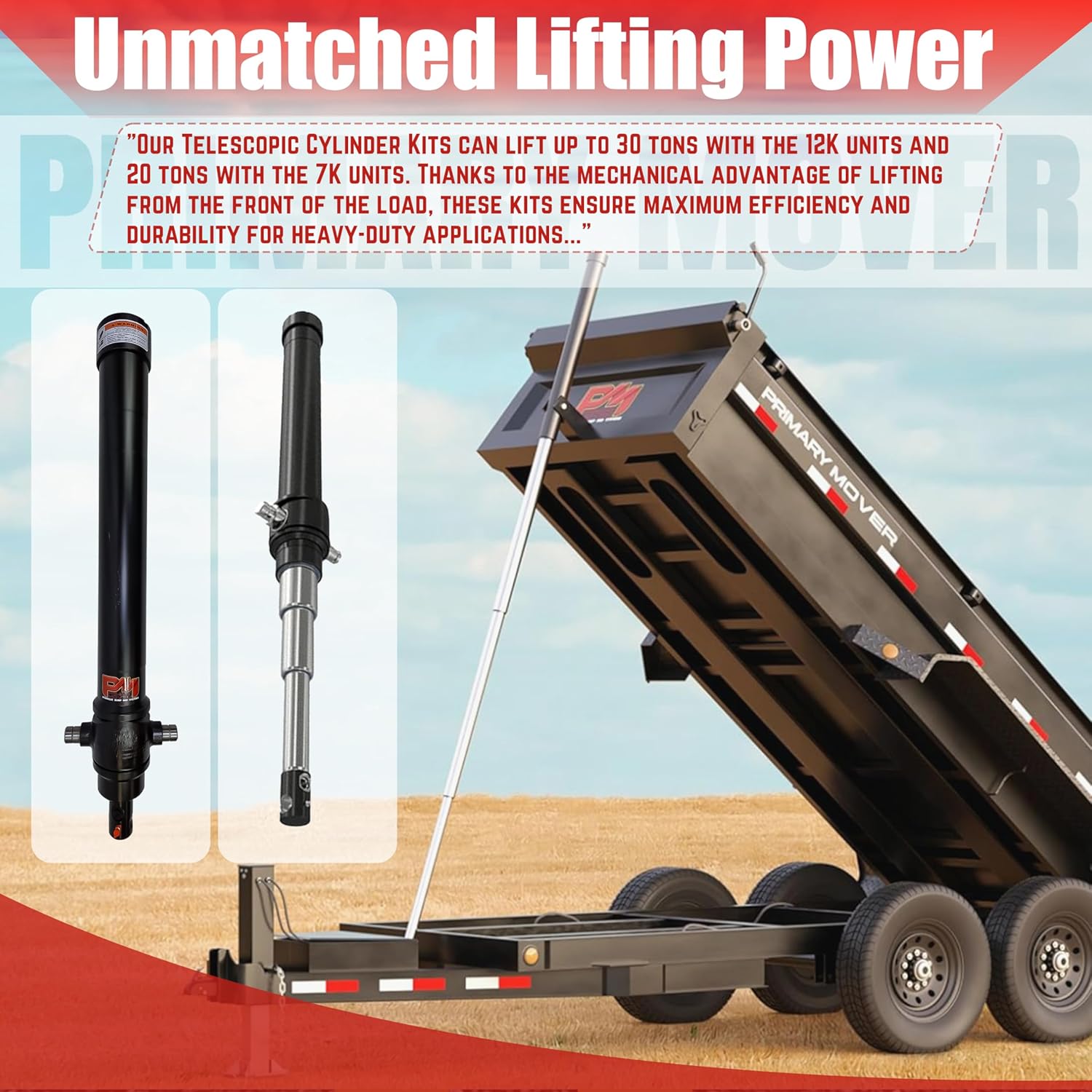 12K -144" 30+ Ton Dumping Capacity - Telescopic Dump Trailer Hydraulic Cylinder Kit | Standard Kit | - 144" Stroke - Fits 14-18' Dump Truck Body (EF-12-144-SK)
