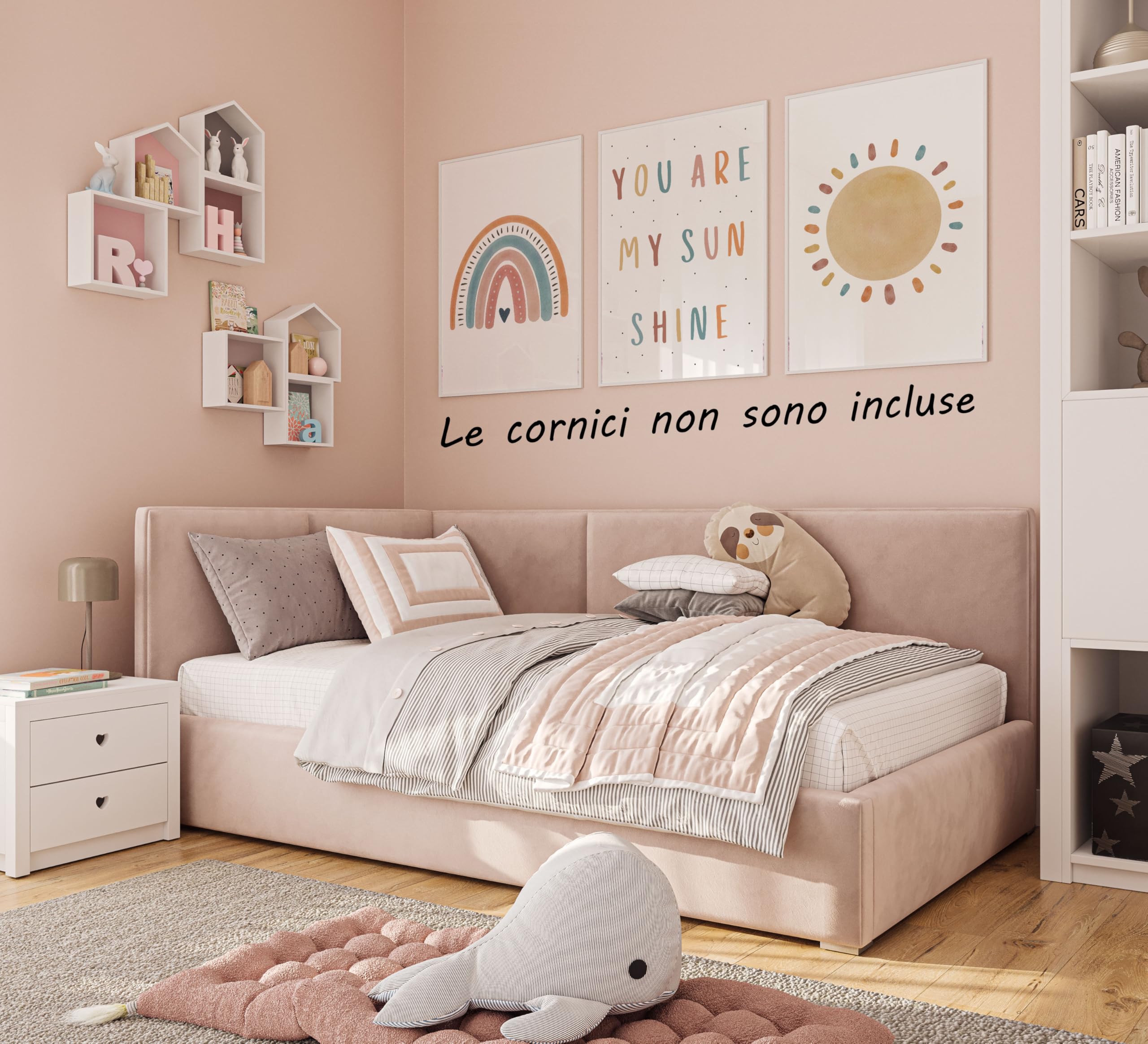 Eviepops Prints Quadri Cameretta Bambini “You Are My Sunshine” Set di 3 Stampe Boho Arcobaleno e Sole Senza Cornice, Decorazione Parete (A3)