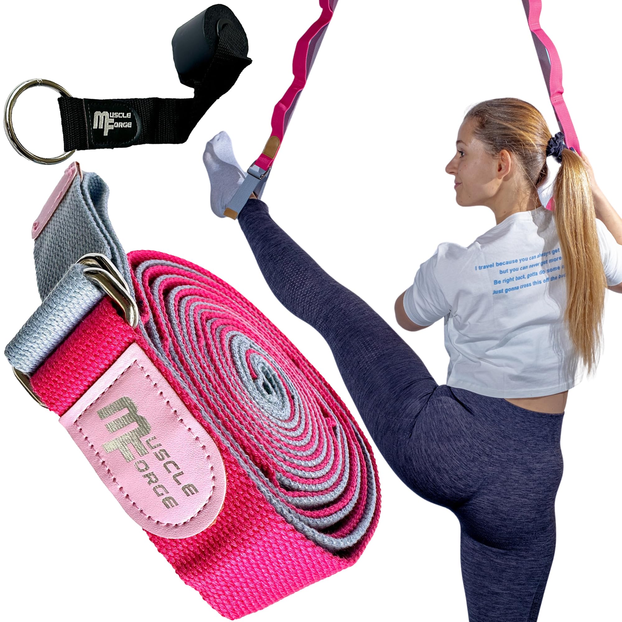 MuscleForge Yoga Strap for Stretching with Door Hook, 300 cm Leg Stretcher and Leg Stretch Strap for Ballet, Yoga, Pilates, Martial Arts Training – Adjustable Loops for Flexibility & Mobility