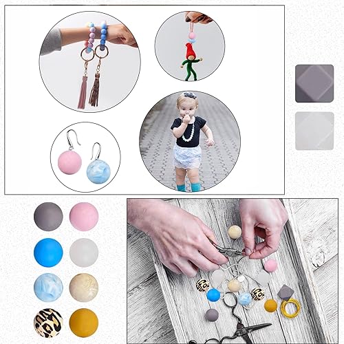 Miniatura 6 de Cuentas de silicona de 0.591 in, 100 cuentas redondas de silicona a granel para hacer llaverosjoyas, surtidos de cuentas y kit de cuentas