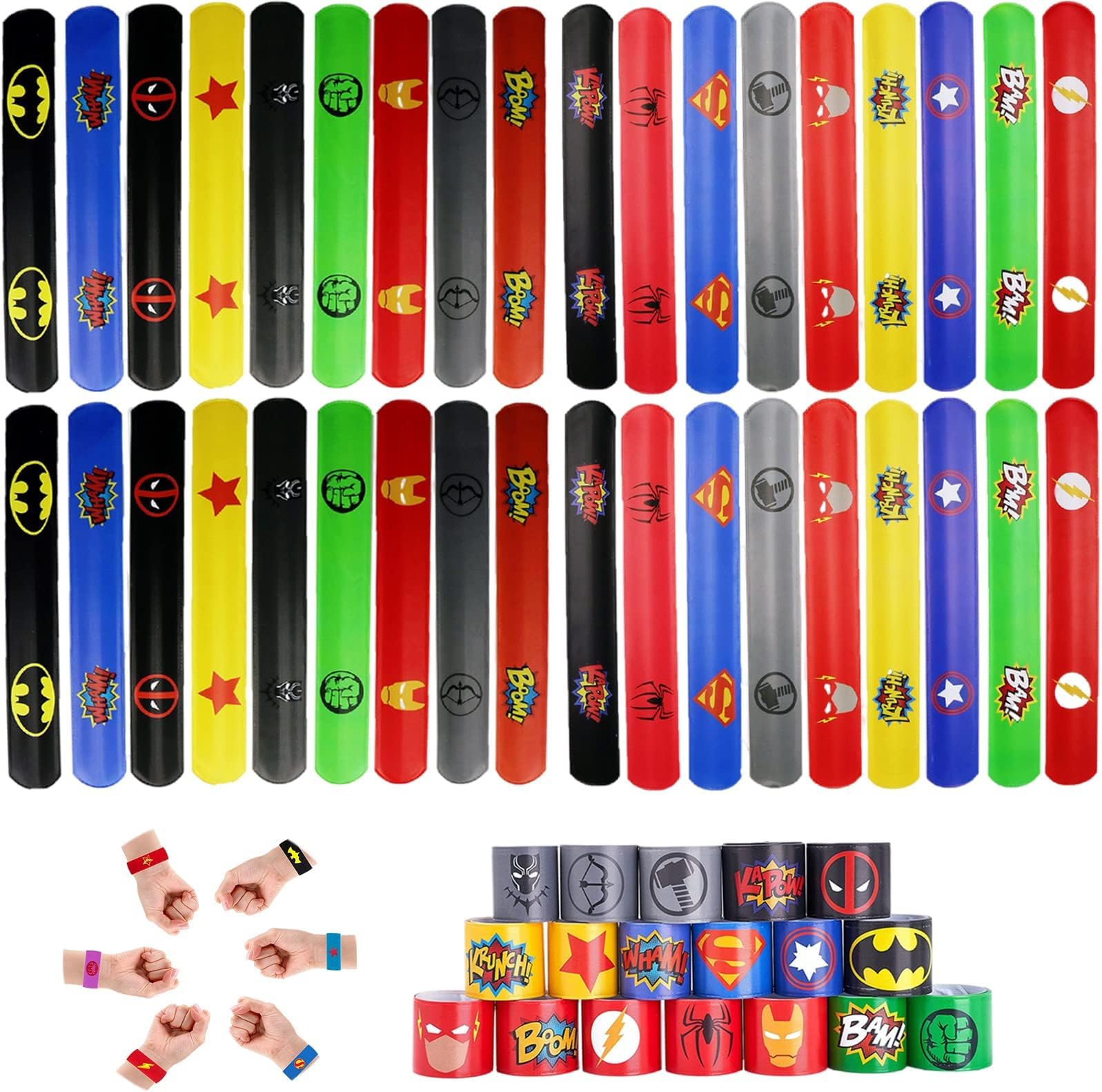 POPOYU 36Pc Superhero Party Bags Fillers Kids Slap Bands,Superhero Avengers Bands Bracelets Wristband Favours for Girls Boys Bag Birthday Classroom Gifts