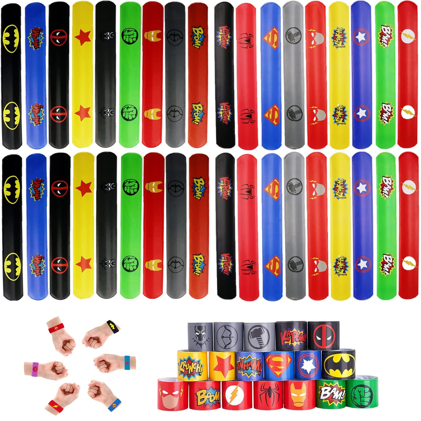 POPOYU 36Pc Hero Party Bags Fillers Kids Slap Bands,Hero Slap Bands Slap Bracelets Wristband Party Favours for Girls Boys Party Bag Fillers Birthday Classroom Gifts