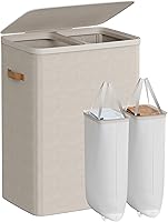 SONGMICS 2-Compartment Laundry Hamper Basket, 44.9 Gal with Lid, Handles & Removable Liners, Cappuccino Beige, Easy Assembly ULCB813L01