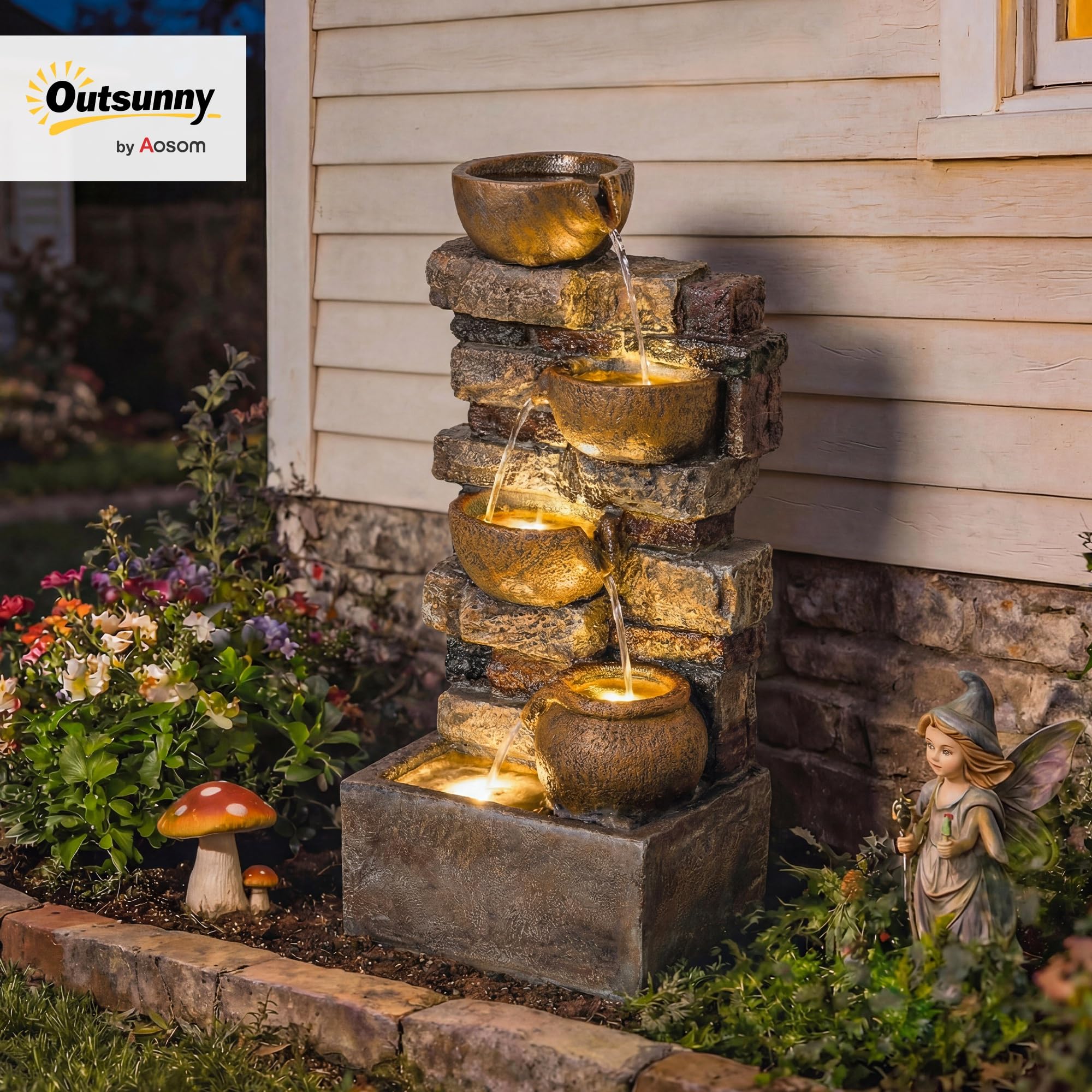 Outsunny Fontaine Extérieure 72 cm avec 5 Niveaux de Pichets Rustiques et Design Roche, Cascade Moderne avec Lumières LED, Débit Réglable, Fontaine de Jardin Autoportante en Résine, Marron Rustique
