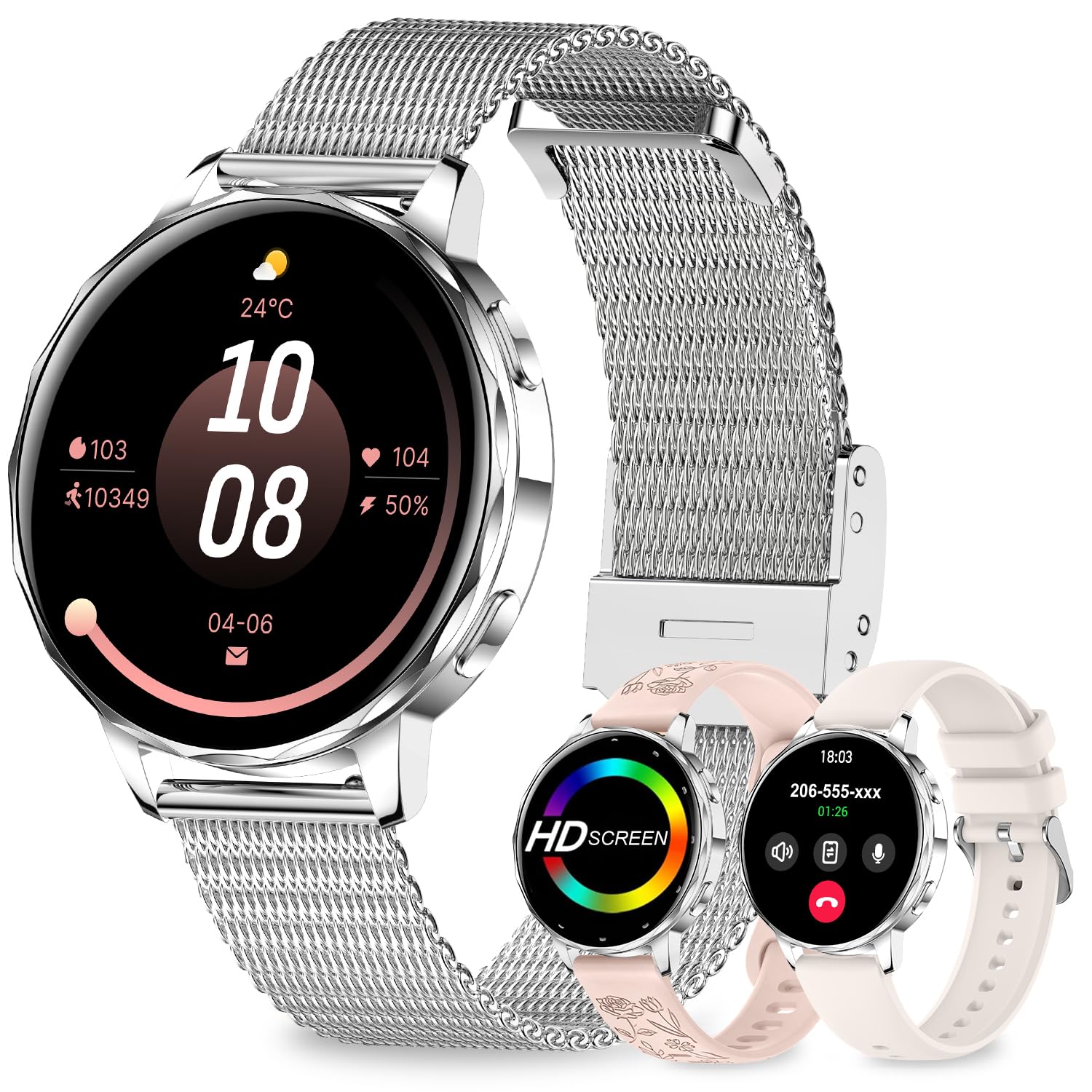 Smartwatch da donna, 3 braccialetti, schermo curvo HD 3D da 1,27", calorie/pressione sanguigna/sonno, 120 modalità sportive, orologio fitness tracker Android e iOS, argento