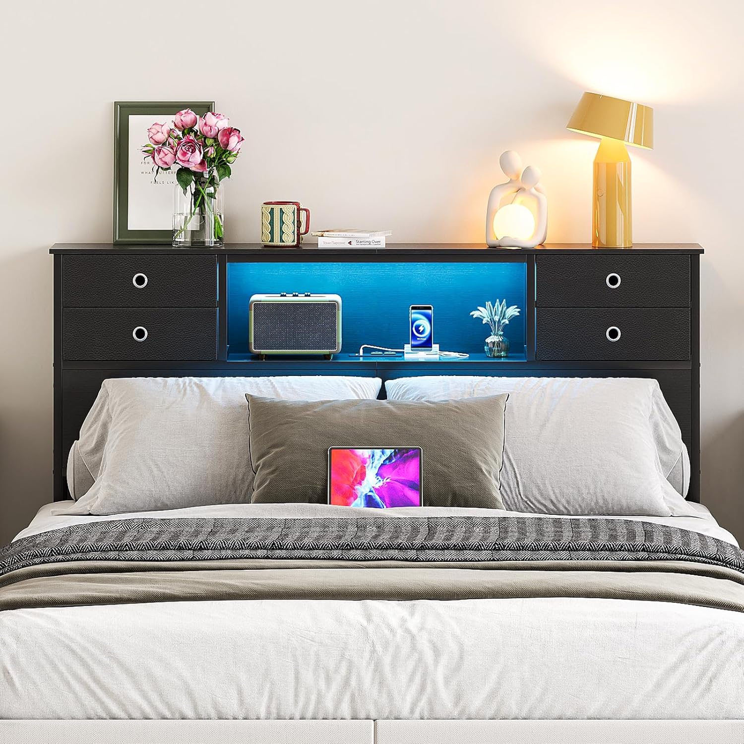 GiftGo Queen Size Headboard with 4 Fabric Storage Drawers Charging Station LED Light Adjustable Height Storage Rack Sturdy and Stable Metal Frame & Wood Shelf (Black, Queen (U.S. Standard))