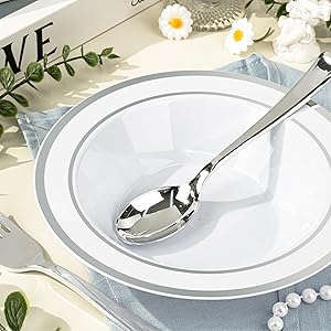BESTVIP 100 Pack Plastic Disposable Soup Bowls, 12 oz White Dessert Bowls with Silver Rim, Heavy-duty Salad Bowl for Party, Wedding, Christmas, Thanksgiving, Dinner, Catering