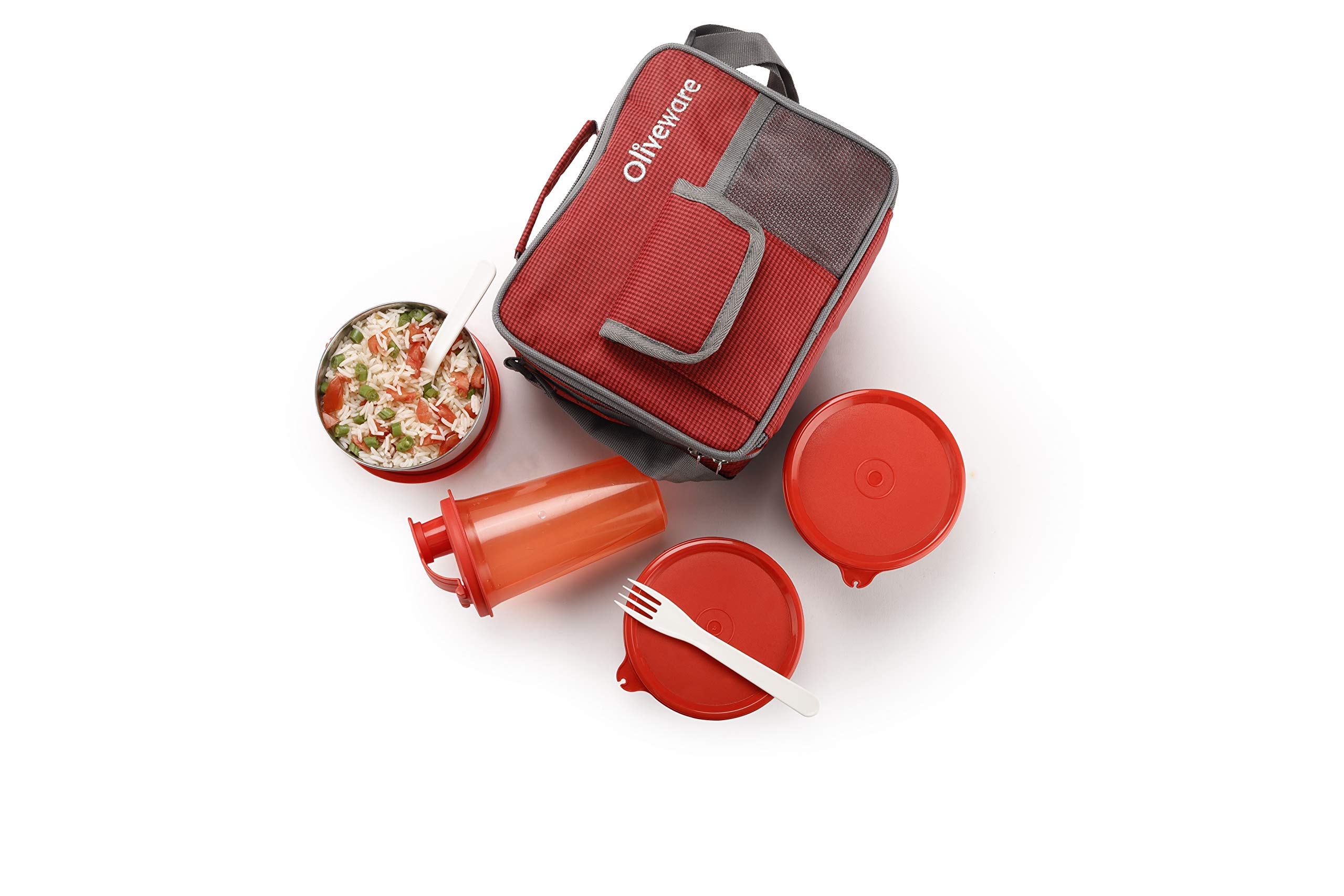 OlivewareFista Lunch Box | 3 Steel Containers with Sipper, Spoon & Fork | Office & Students Use | Leak Proof & Air Tight | Highgrade Plastic Red
