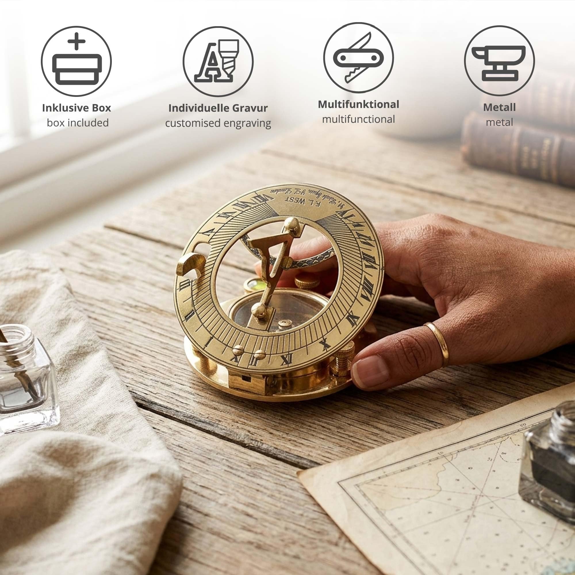 Casa Vivente Sonnenuhr-Kompass aus Messing mit eleganter Holzbox und personalisierten Gravur, Nautische Geschenkidee