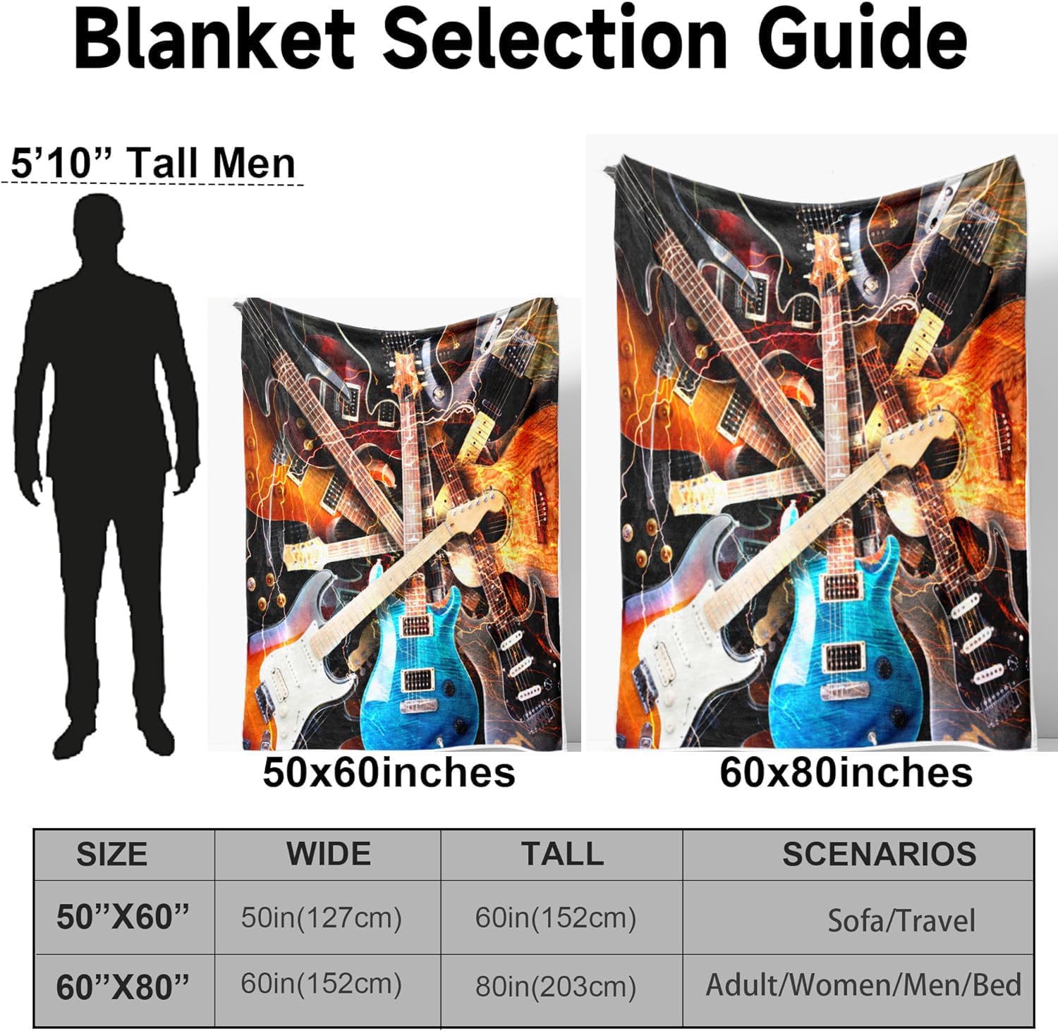 DYNH Music Guitar Stuff Blanket for Men Teens Boys Kids, Soft Fuzzy Guitar Player Ideas Theme Unique Birthday Fleece Flannel Bed Couch Throw Blankets 50"X60"