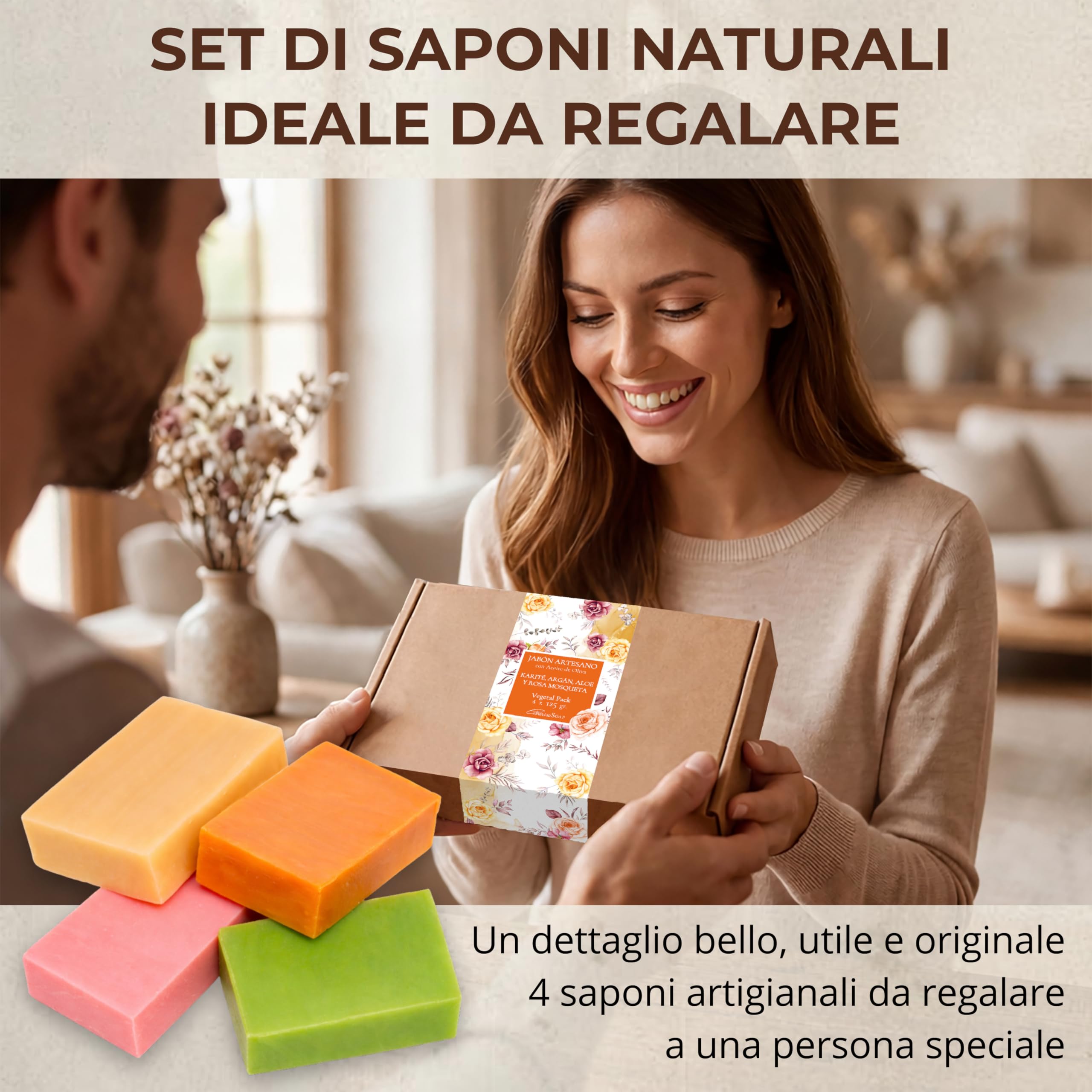 Set Sapone Naturale Corpo Karité, Argan, Mosqueta e Aloe – 4 saponette naturali 125 g in scatola – saponi naturali artigianali per viso, sapone solido corpo uso quotidiano