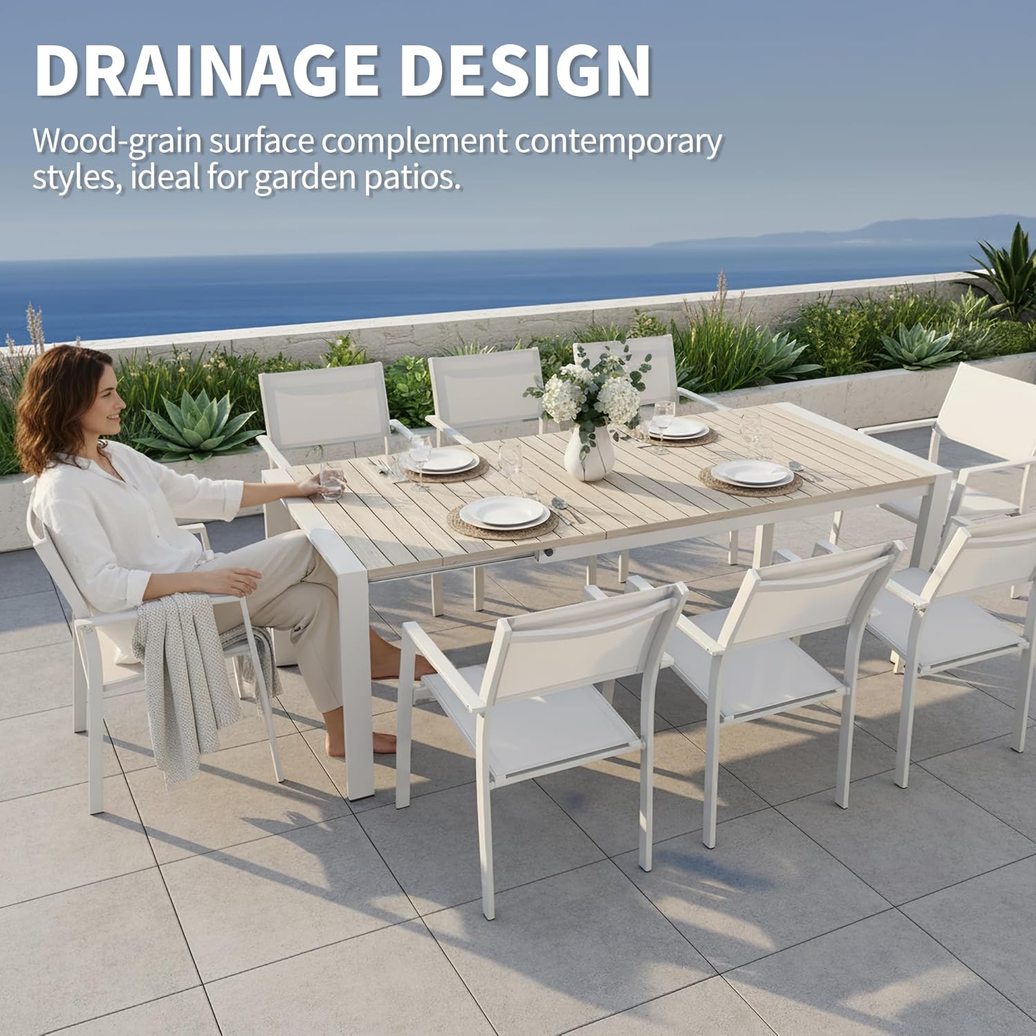 Outdoor Patio Furniture Set 9 Piece, Extendable Patio Dining Table for 6-10 People and 8 Patio Dining Chairs with Armrest, All-Weather Aluminum Patio Dining Furniture Set For Garden Lawn Deck