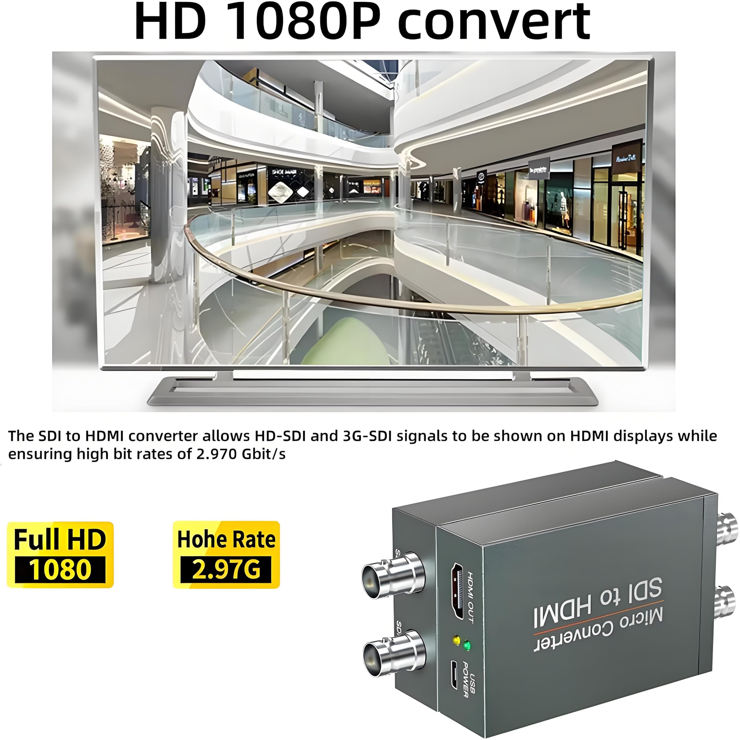Queen.Y Convertidor 3G-SDI a HDMI 1080P con Salida Loopout | Transmisión rápida de señal, entrada y salida HD, fuente de alimentación incluida