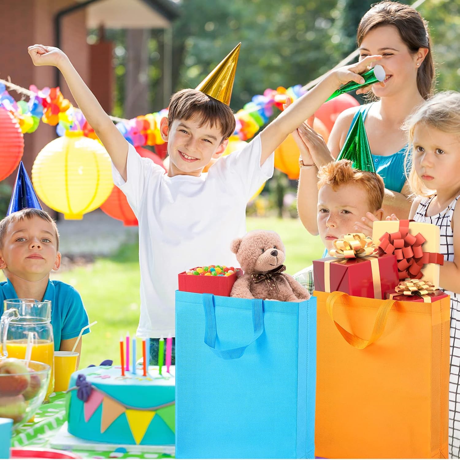 Supersize 14 Pack Reusable Non Woven Gift Bags with Handles Party Fabric Tote Bags Treat Bags for Birthday Favors, Snacks 14 Colors (9.8 x 13.8 x 4 inches) - Image 8